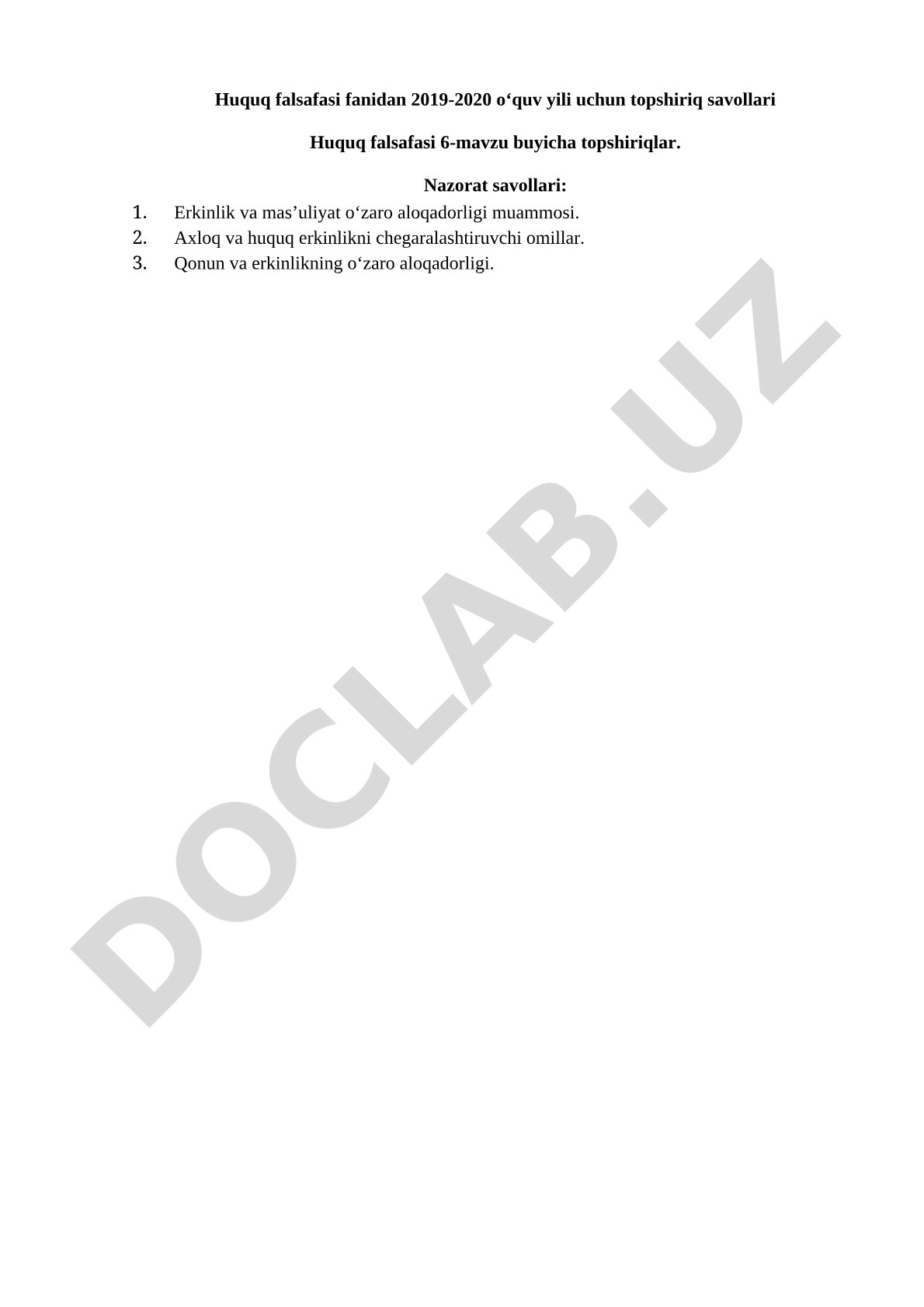 Huquq falsafasi 6-mavzu bo'yicha nazorat savollari