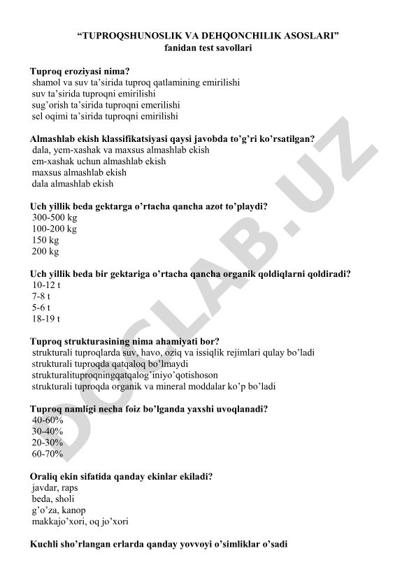 Tuproqshunoslik va dehqonchilik asoslari fanidan test savollari
