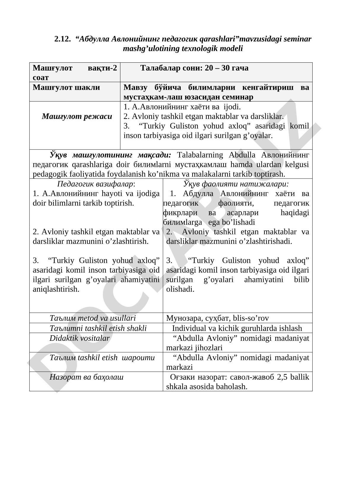 Abdulla Avloniyning pedagogik qarashlari mavzusidagi seminar mashg'ulotining texnologik modeli