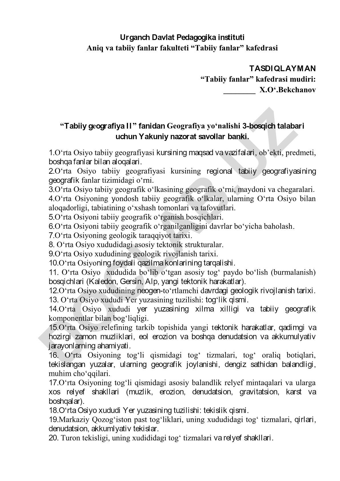 O‘rta Osiyo tabiiy geografiyasi yakuniy nazorat savollari