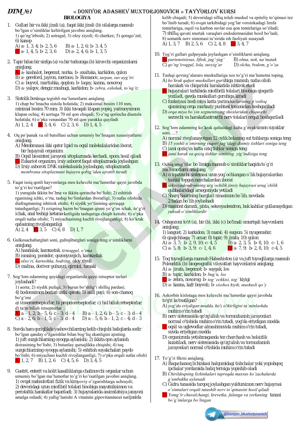 Biologiya tayyorlov kursi test savollari