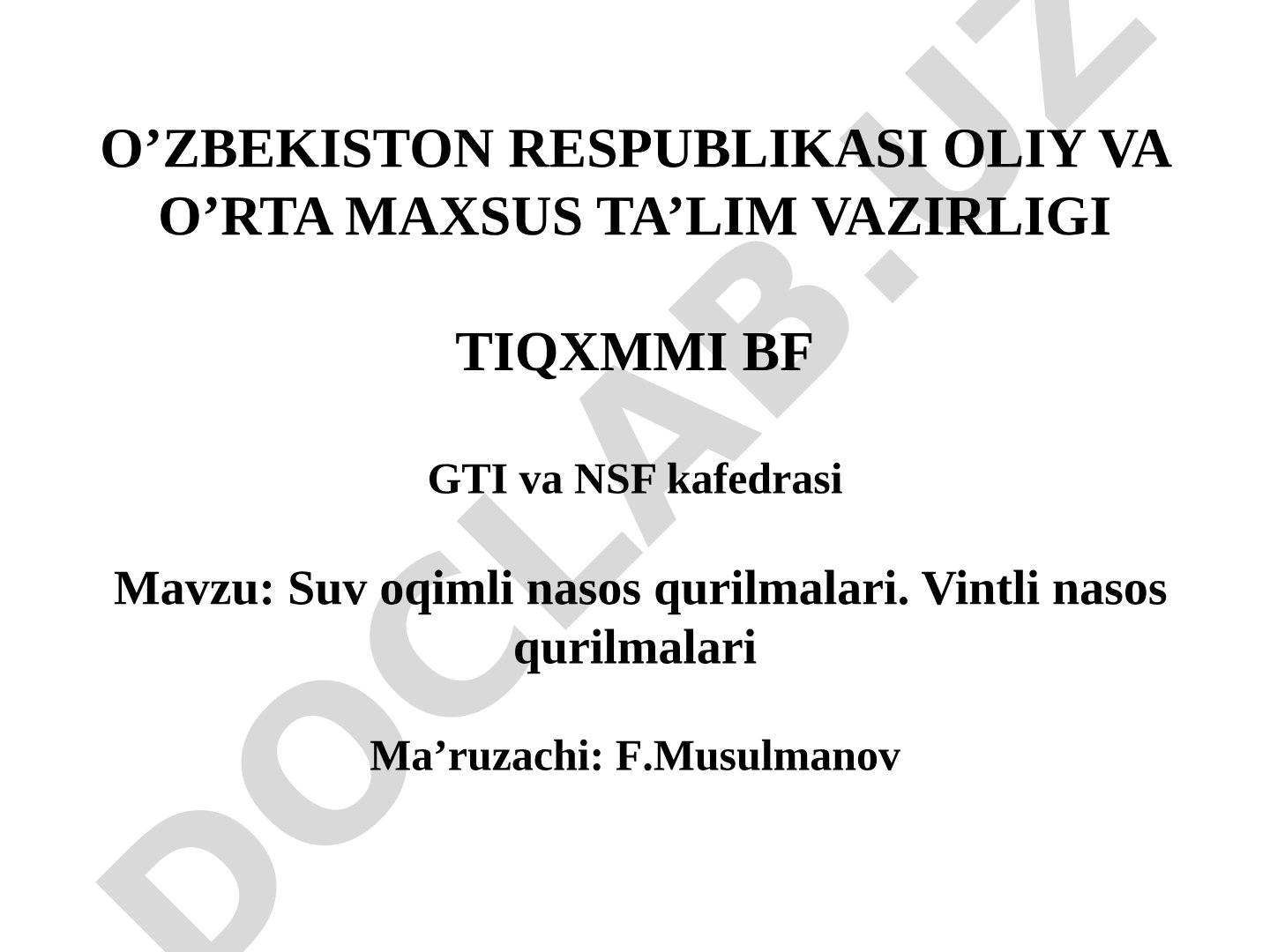 Suv oqimli nasos qurilmalari. Vintli nasos qurilmalari