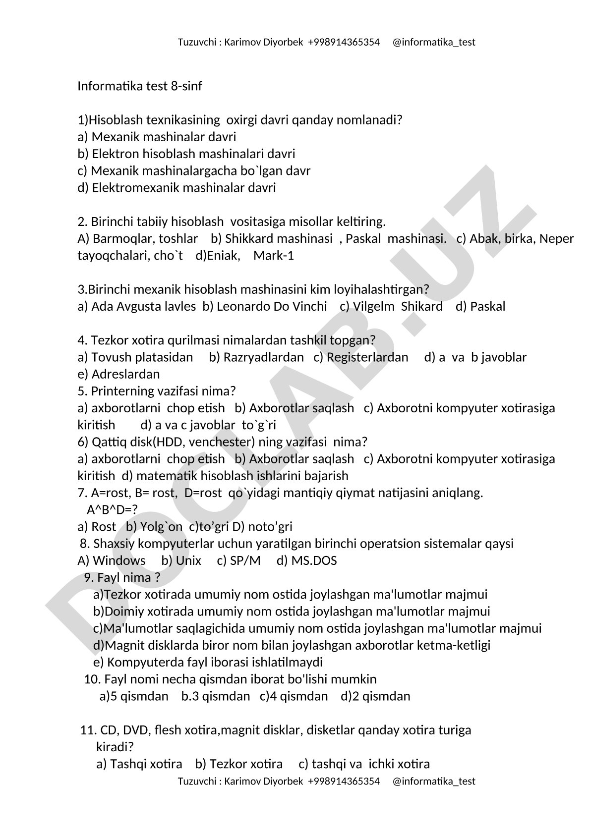 8-sinf informatika testlari: kompyuter tarixi, xotira, printer va mantiqiy amallarga oid