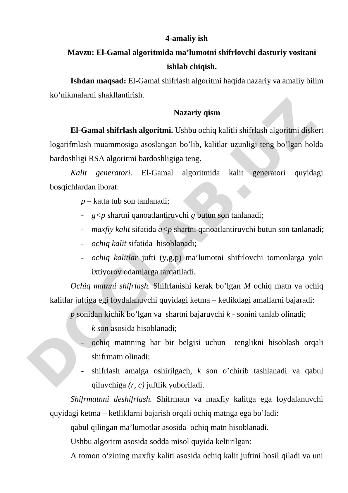 El-Gamal algoritmida maʼlumotni shifrlovchi dasturiy vositani ishlab chiqish
