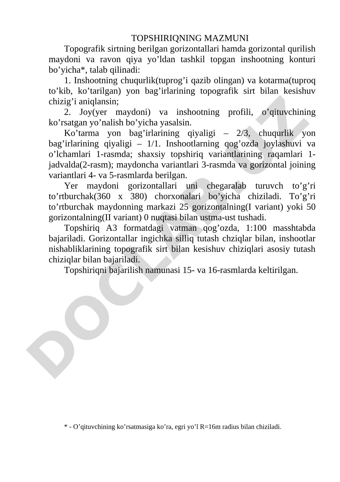 Topografik sirt bilan inshoot yon bag'irlarining kesishish chizig'ini aniqlash va profil yasash