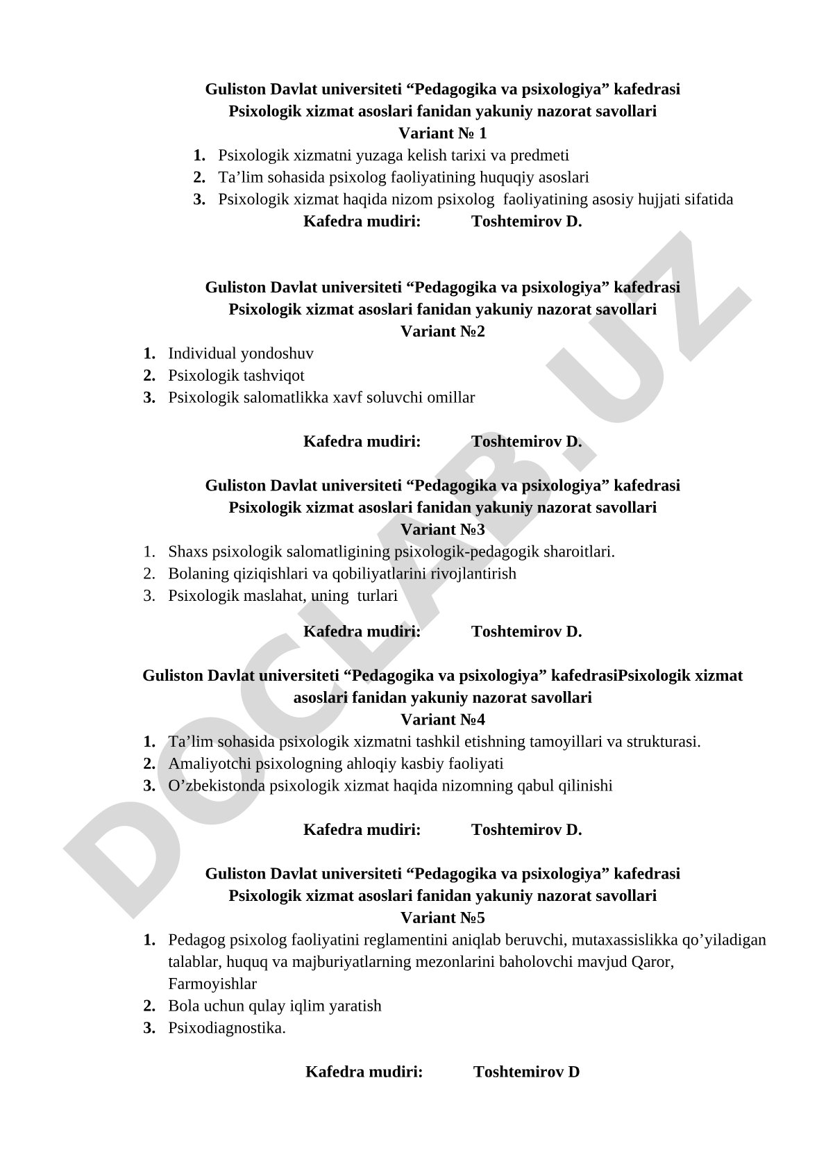 Psixologik xizmat asoslari fanidan yakuniy nazorat savollari