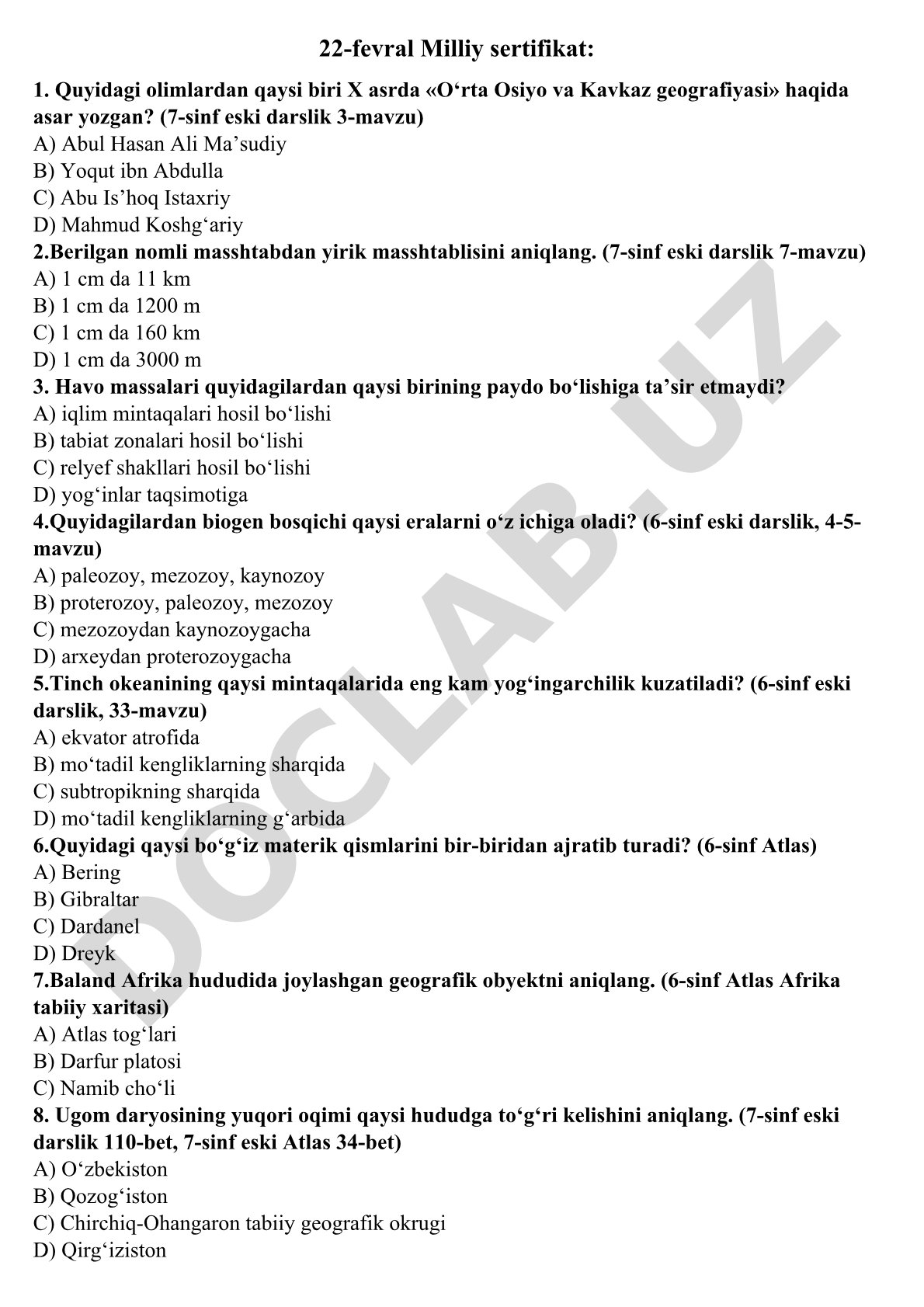 Geografiya fanidan test savollari