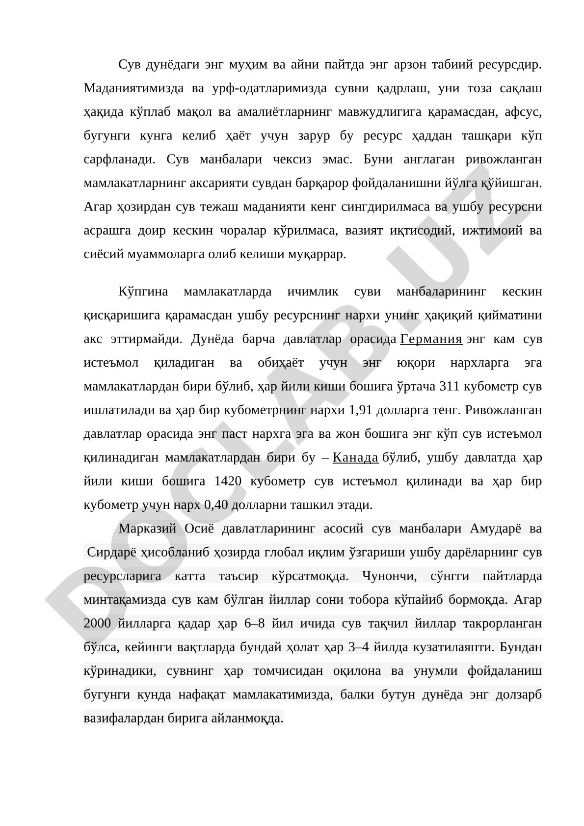 Suv resurslarining ahamiyati va iqtisodiy tahlili