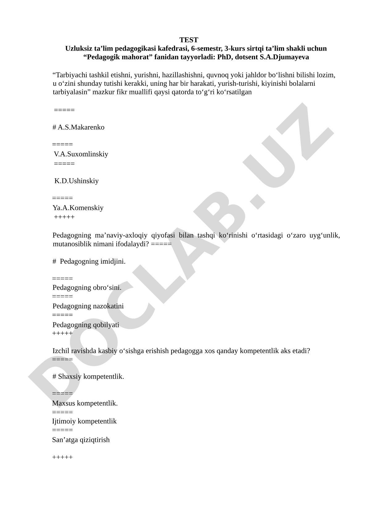 Pedagogik mahorat fanidan test
