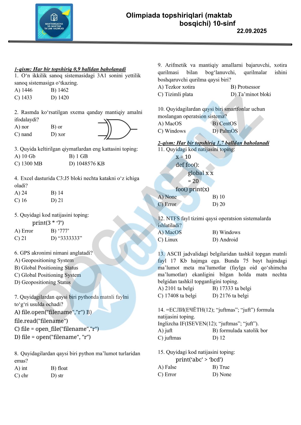 Informatika fanidan test savollari to'plami