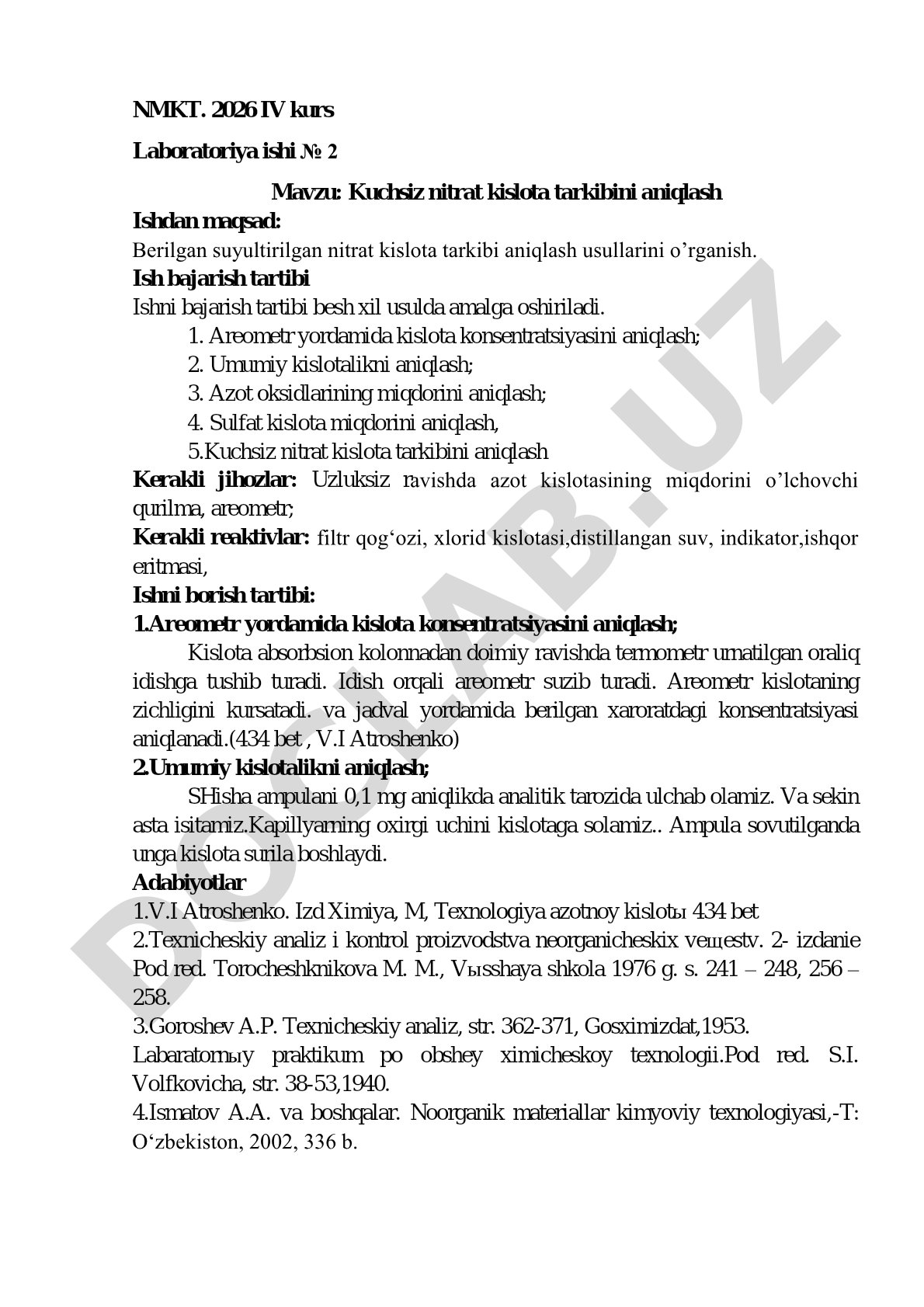 Kuchsiz nitrat kislota tarkibini aniqlash