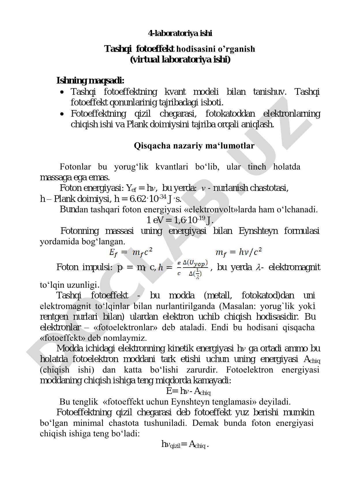 Tashqi fotoeffekt hodisasini o’rganish