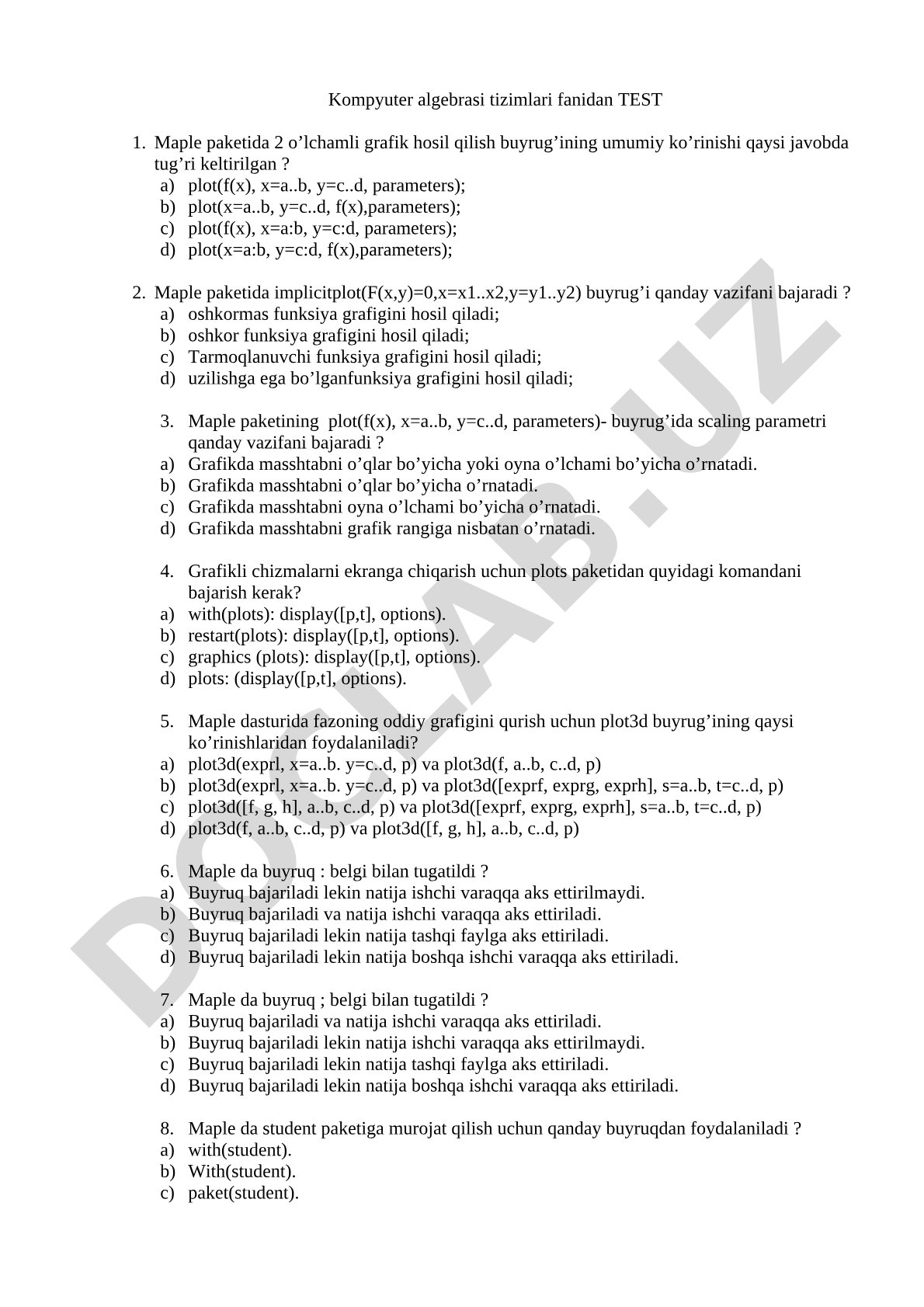 Kompyuter algebrasi tizimlari fanidan test