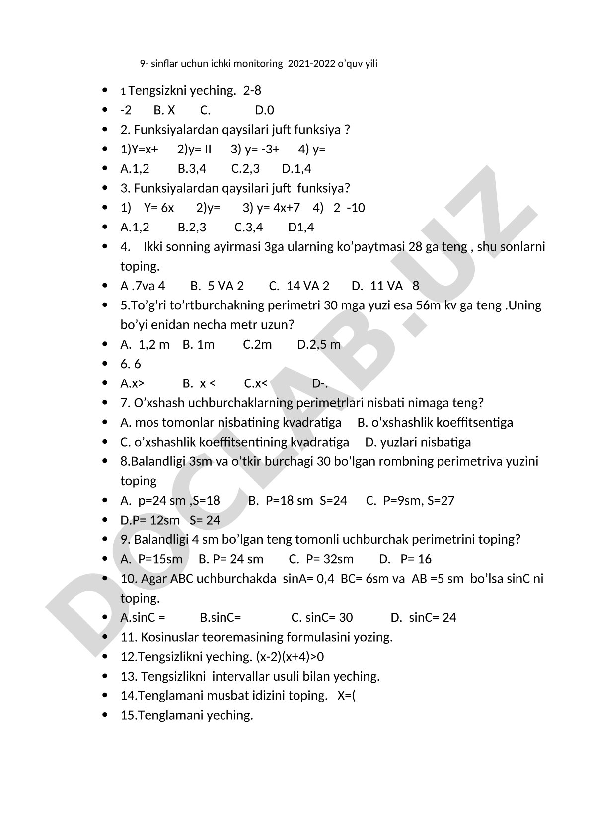 9- sinflar uchun ichki monitoring 2021-2022 o’quv yili