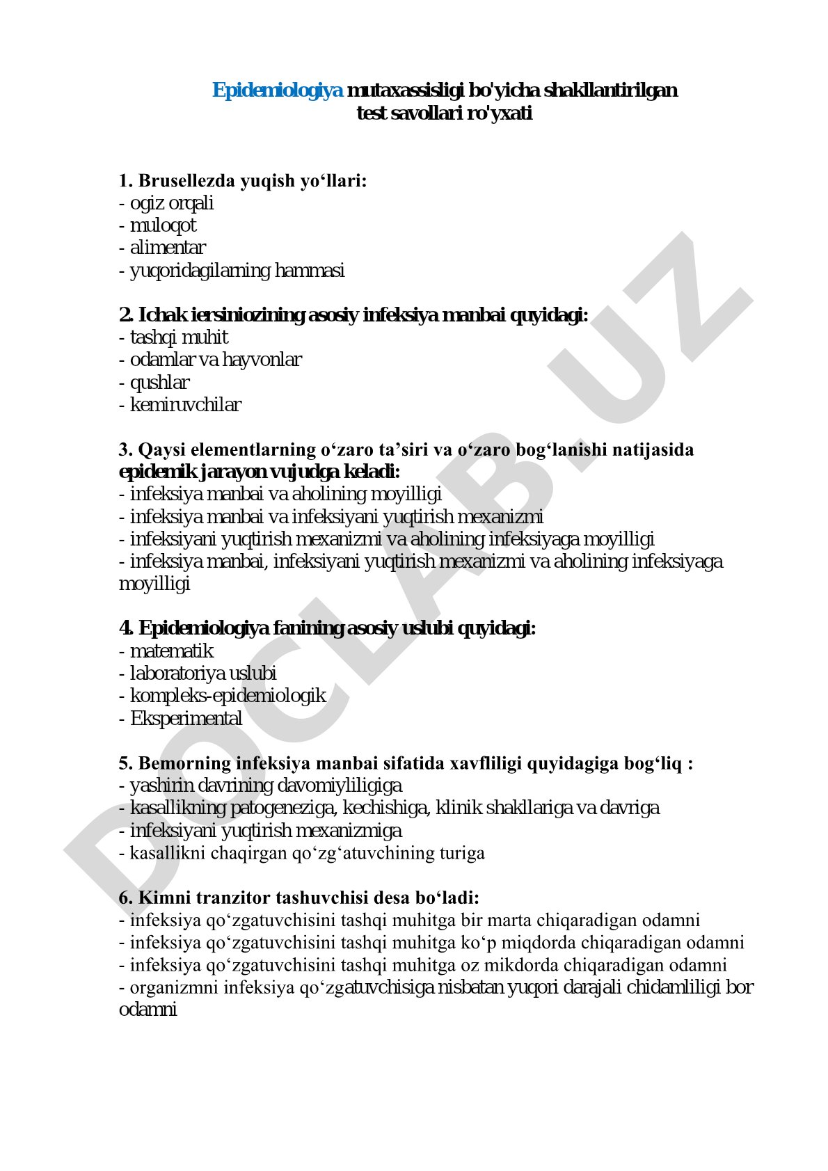 Epidemiologiya mutaxassisligi bo'yicha test savollari