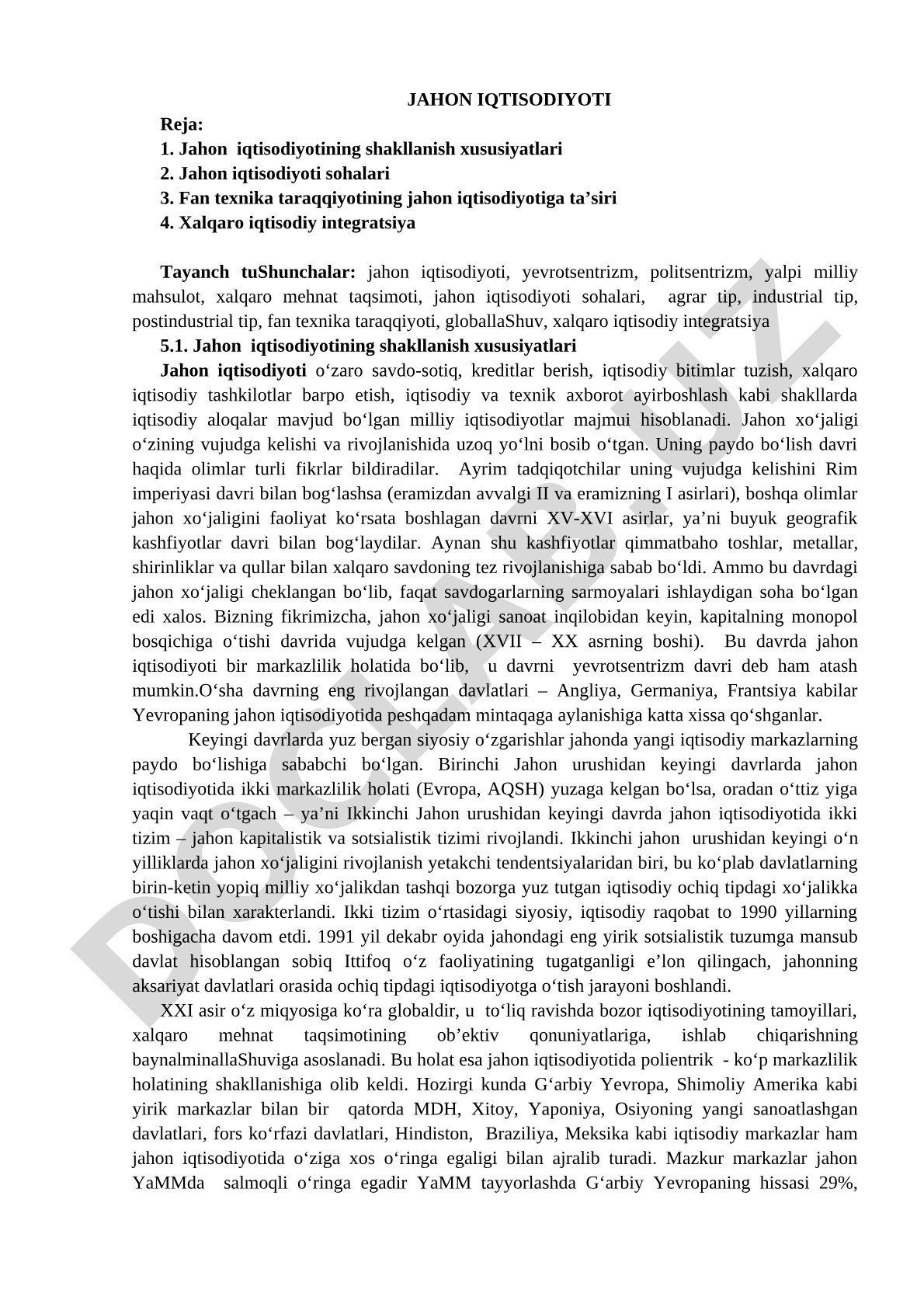 Jahon iqtisodiyotining shakllanishi, sohalari, fan-texnika taraqqiyoti va xalqaro