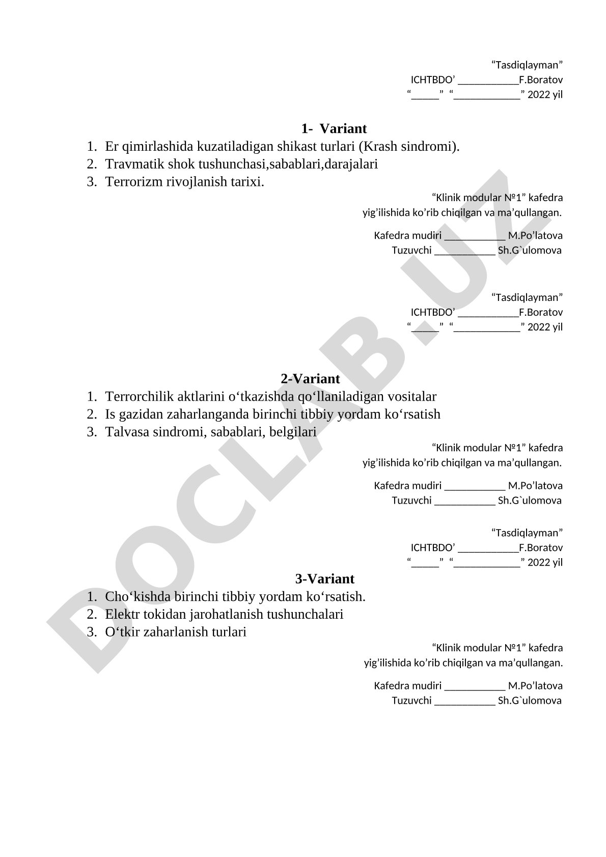 Klinik modul №1 imtihon variantlari mavzulari
