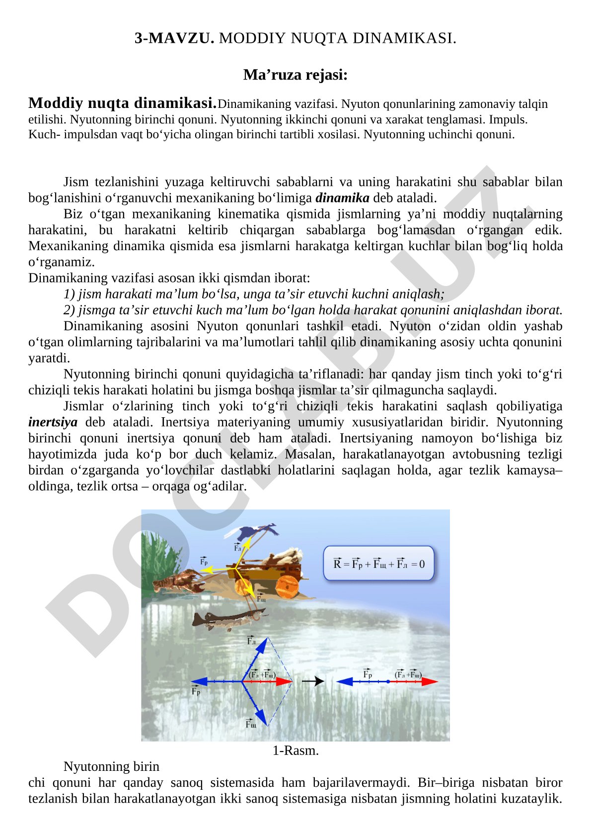 Moddiy nuqta dinamikasi, Nyuton qonunlari, impuls va kuch haqida ma'ruza