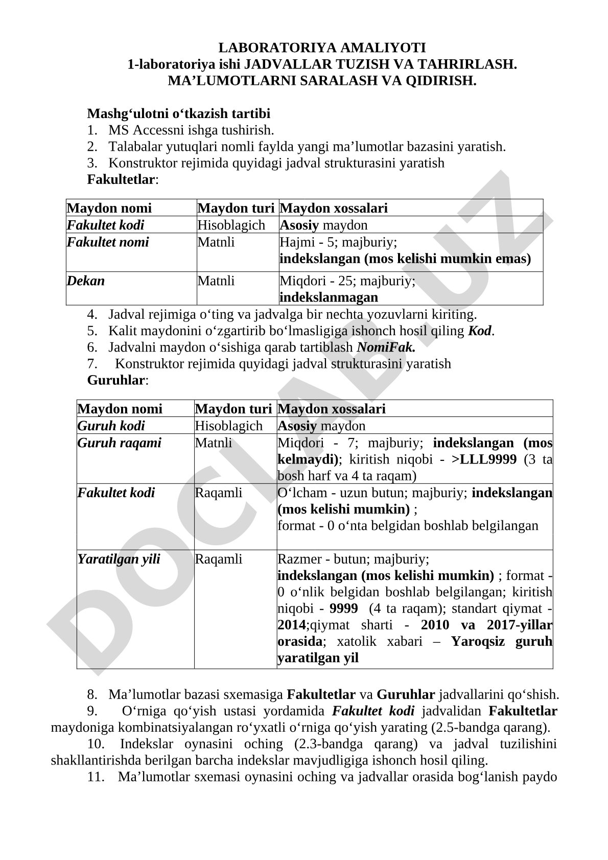 Jadvallar tuzish va tahrirlash. Ma'lumotlarni saralash va qidirish