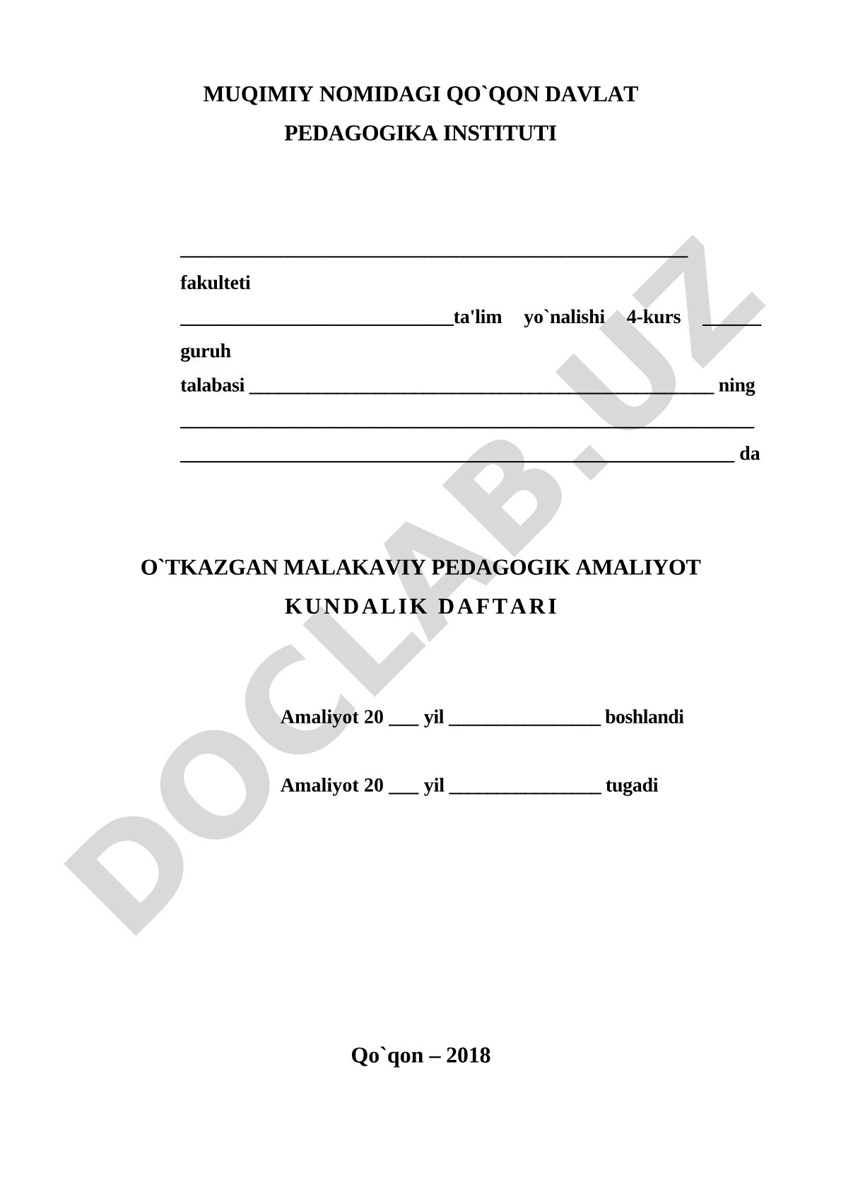 Malakaviy pedagogik amaliyot kundalik daftari