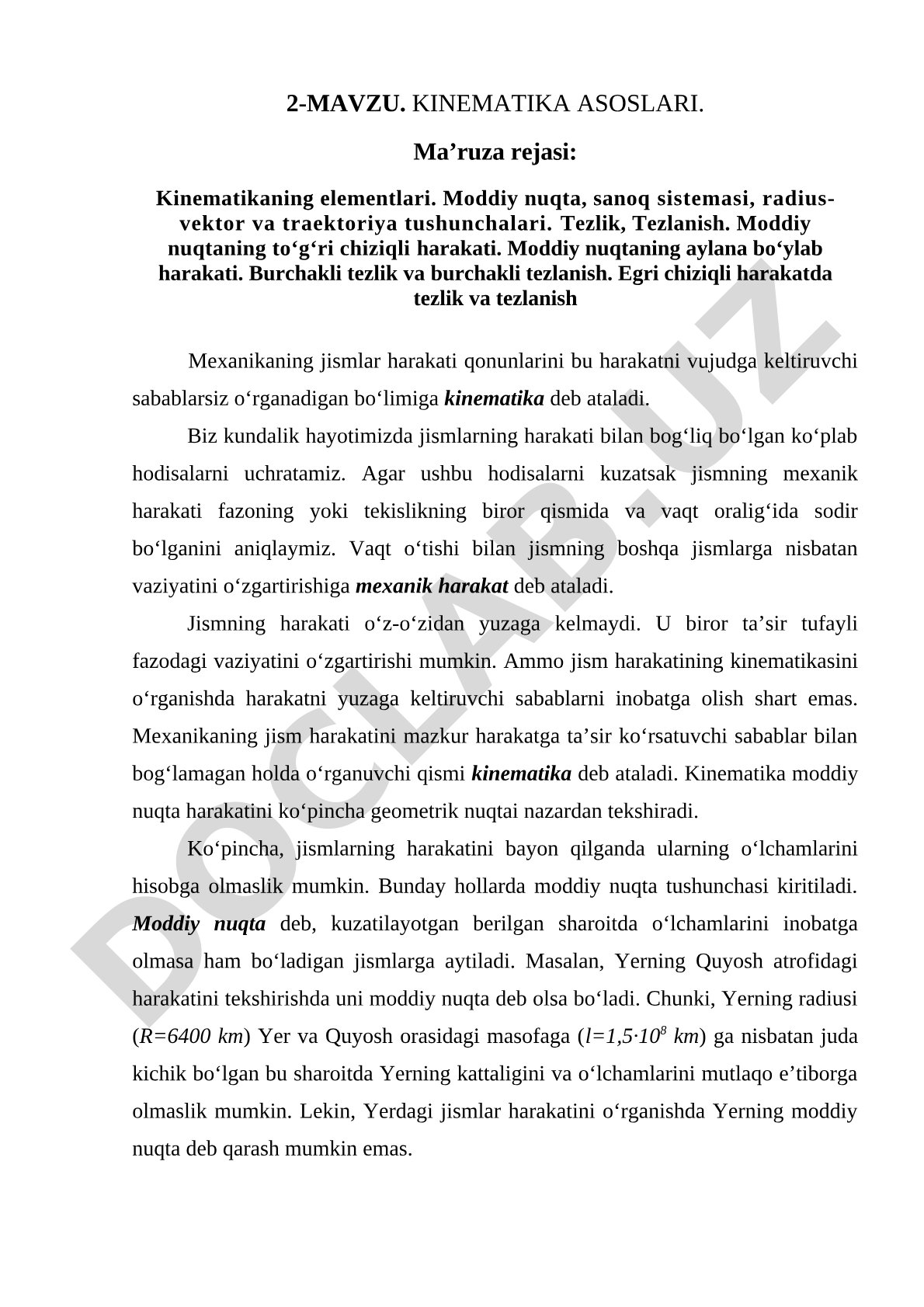 Kinematika asoslari: moddiy nuqta, tezlik, tezlanish, aylana va egri chiziqli harakat