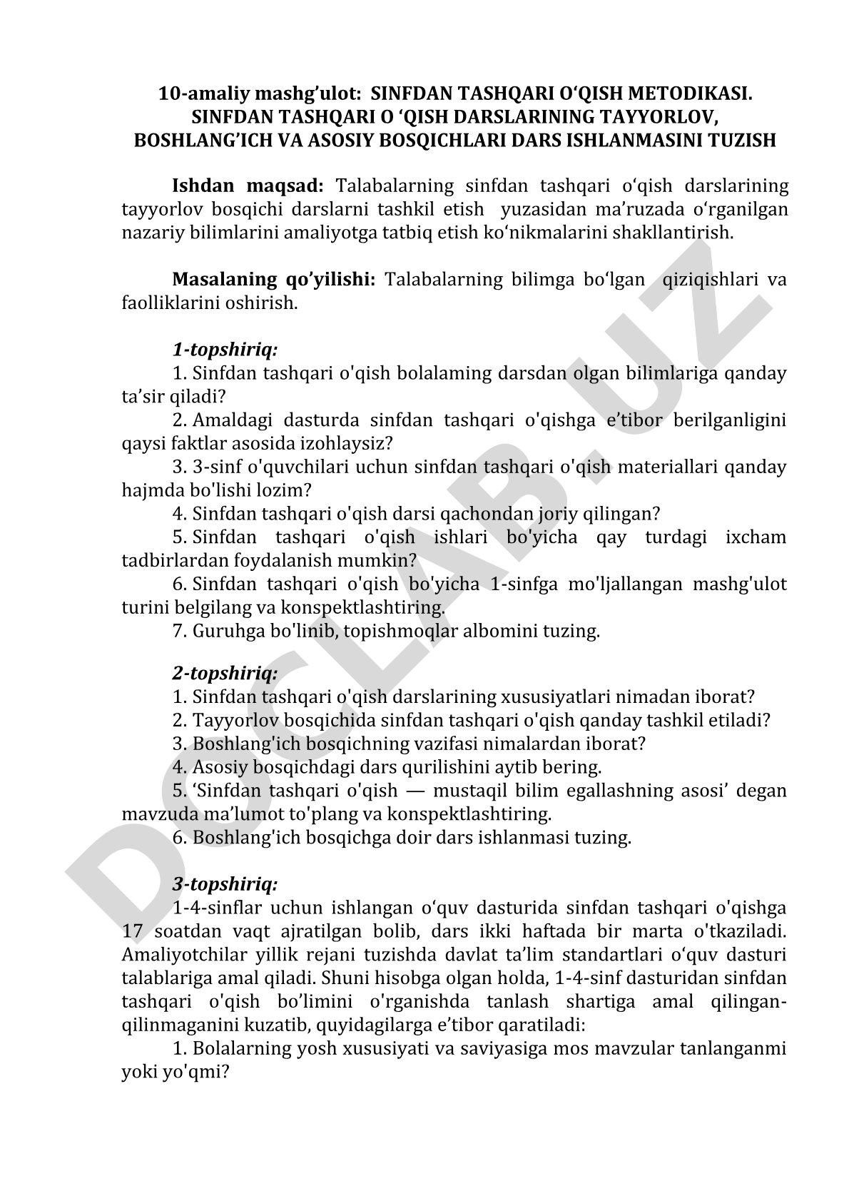 Sinfdan tashqari o‘qish metodikasi