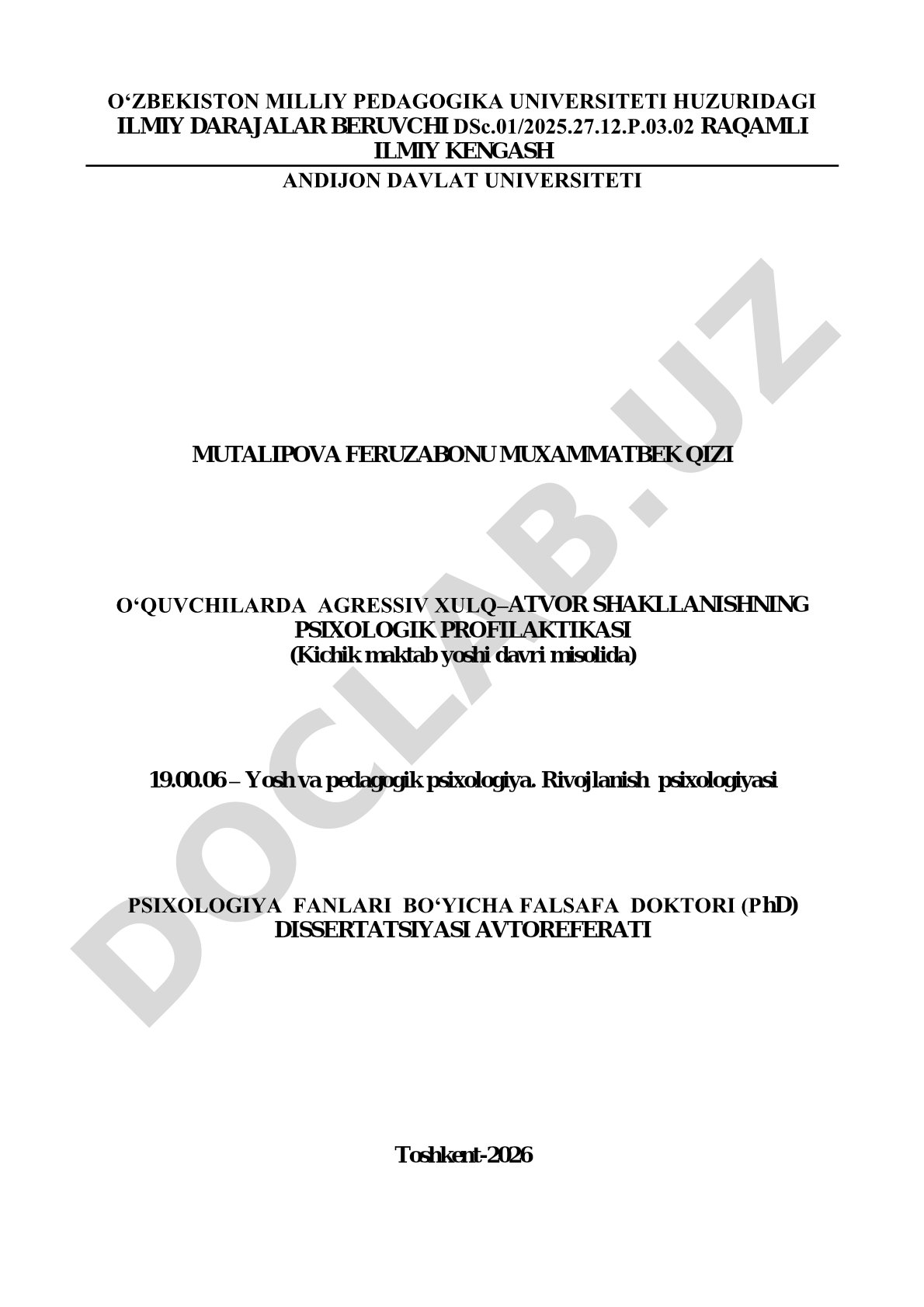 O‘quvchilarda agressiv xulq–atvor shakllanishning psixologik profilaktikasi (Kichik maktab yoshi davri misolida)