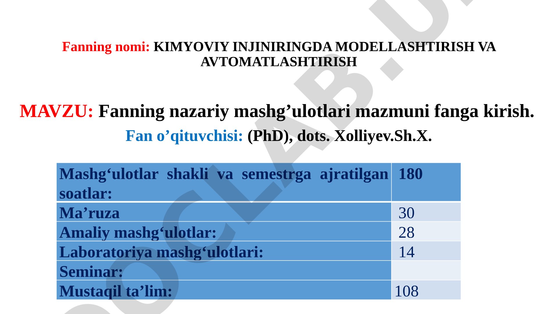 KIMYOVIY INJINIRINGDA MODELLASHTIRISH VA AVTOMATLASHTIRISH