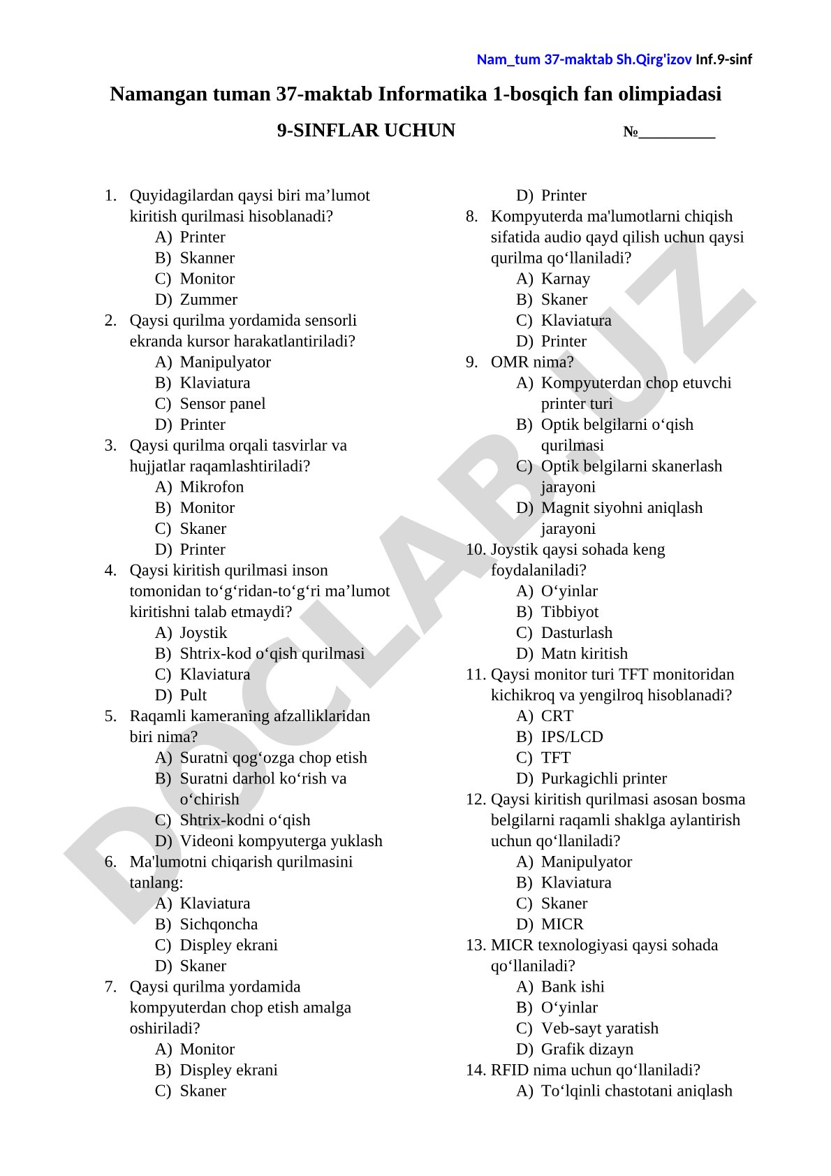 Namangan tuman 37-maktab Informatika 1-bosqich fan olimpiadasi 9-sinflar uchun