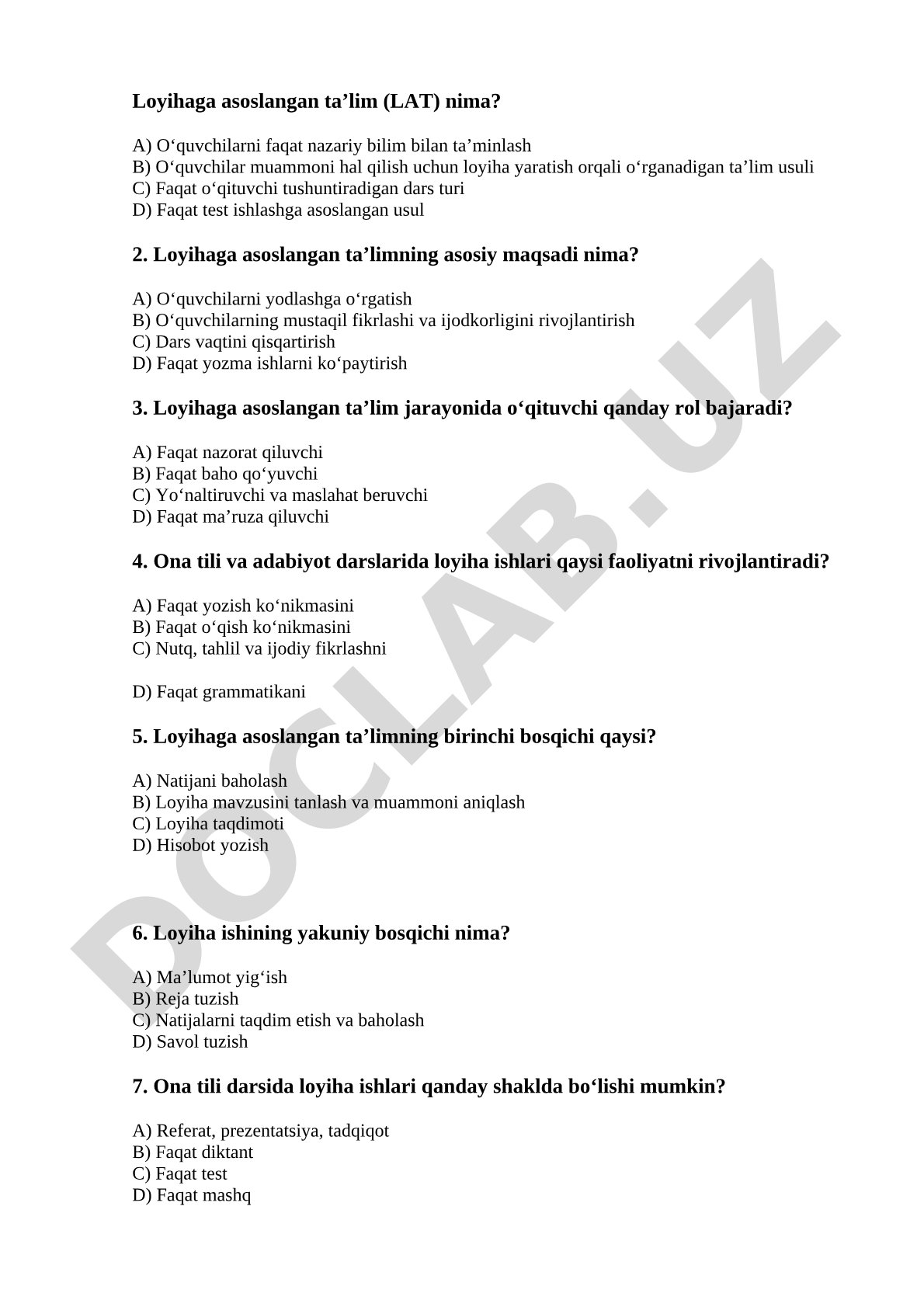 Loyihaga asoslangan ta'lim test savollari