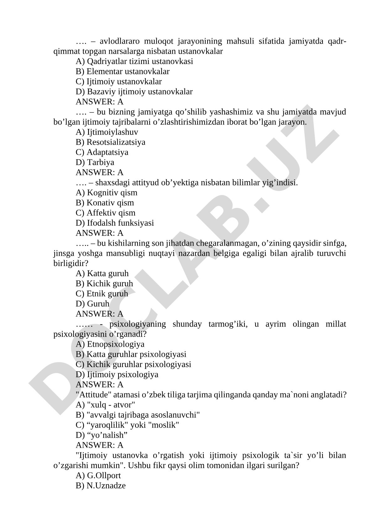 Ijtimoiy psixologiya test savollari