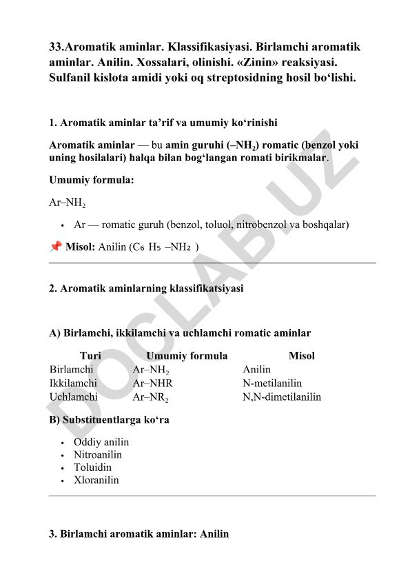 Aromatik aminlar. Klassifikasiyasi. Birlamchi aromatik aminlar. Anilin. Xossalari, olinishi