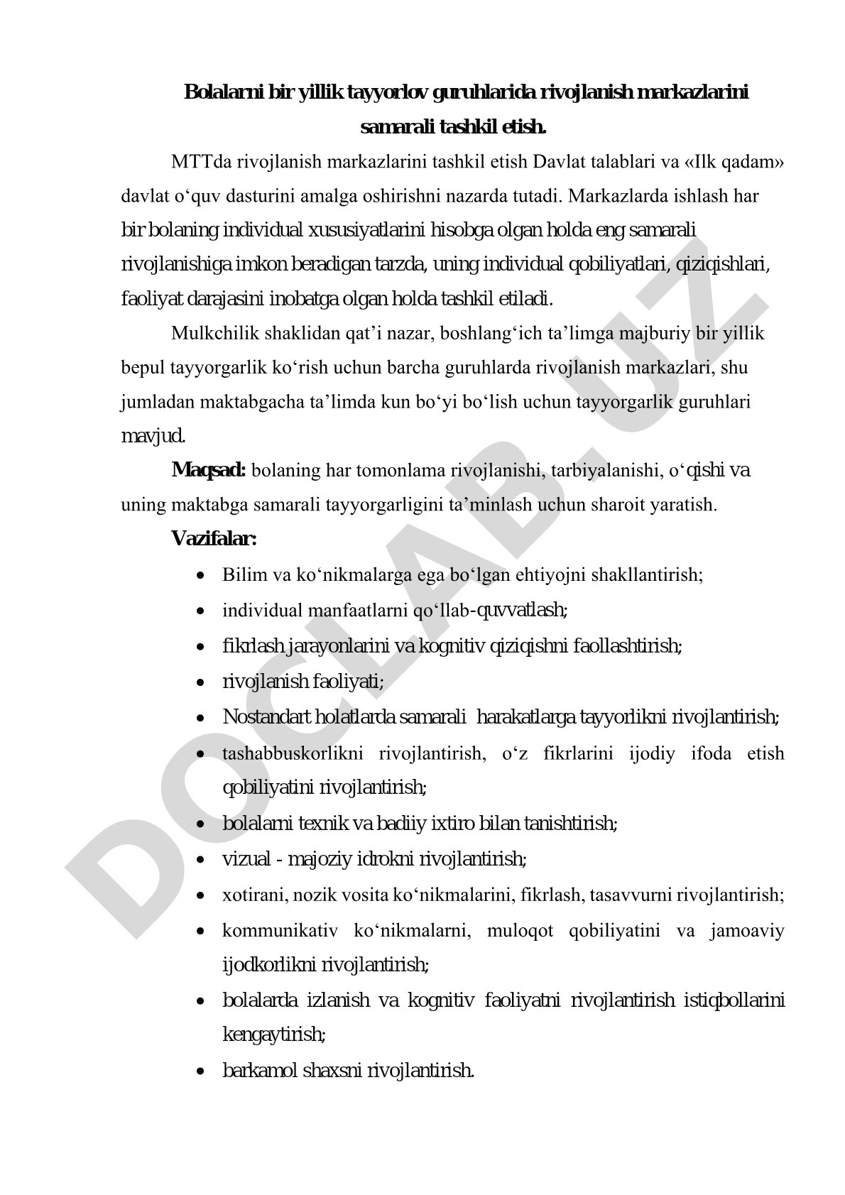 Bolalarni bir yillik tayyorlov guruhlarida rivojlanish markazlarini samarali tashkil etish
