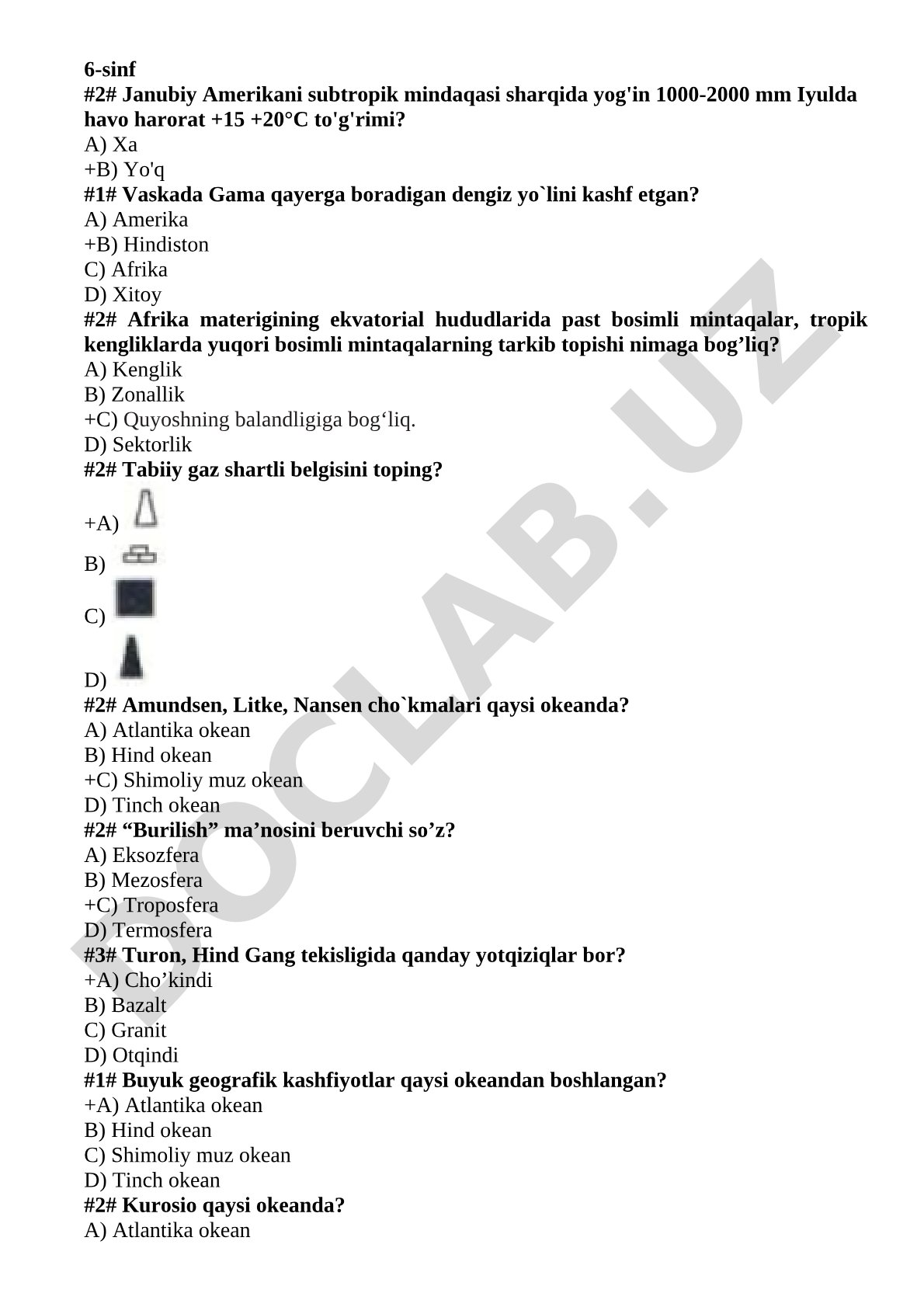 6-sinf geografiya test savollari