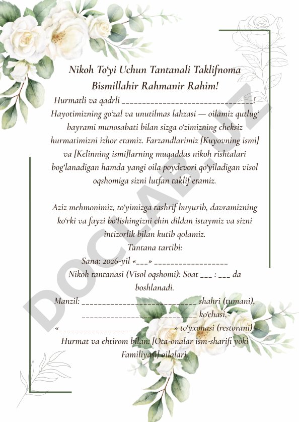 Nikoh to'yi uchun tantanali taklifnoma