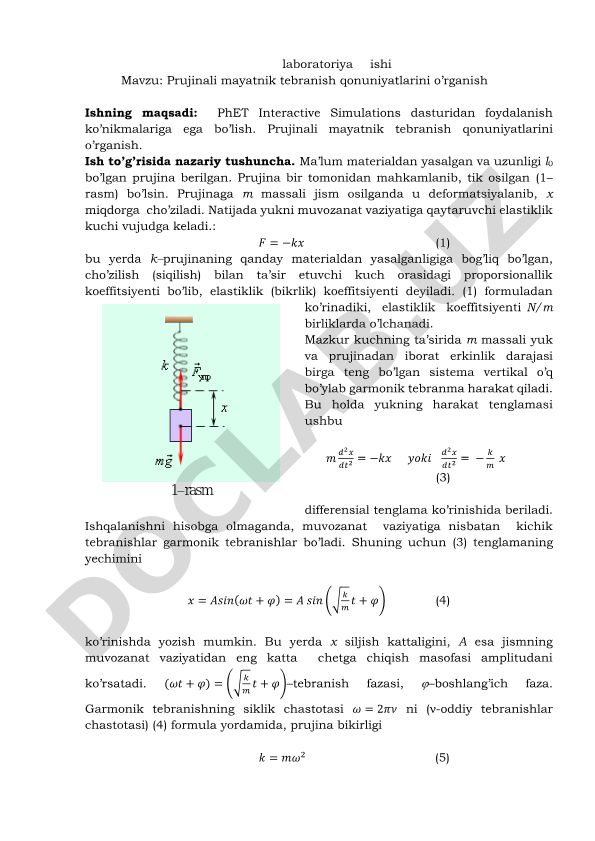 Prujinali mayatnik tebranish qonuniyatlarini o'rganish