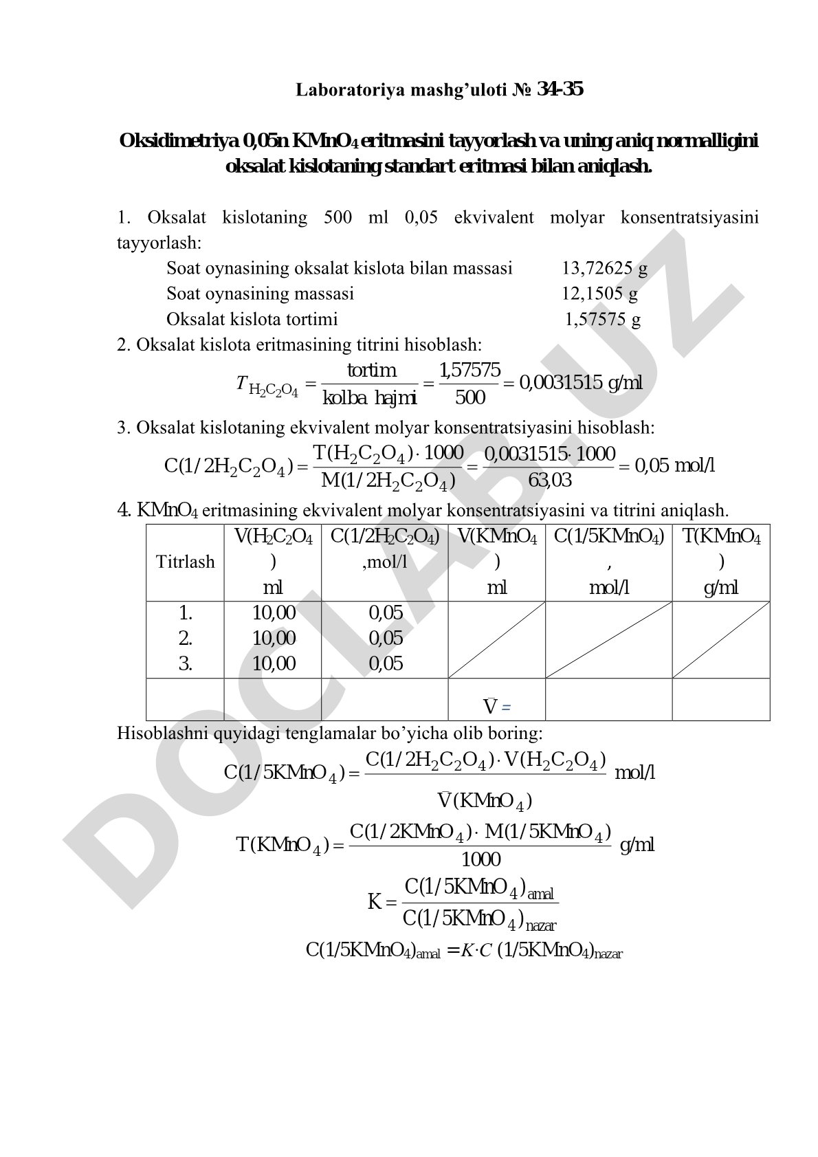 KMnO4 eritmasini tayyorlash va normalligini aniqlash