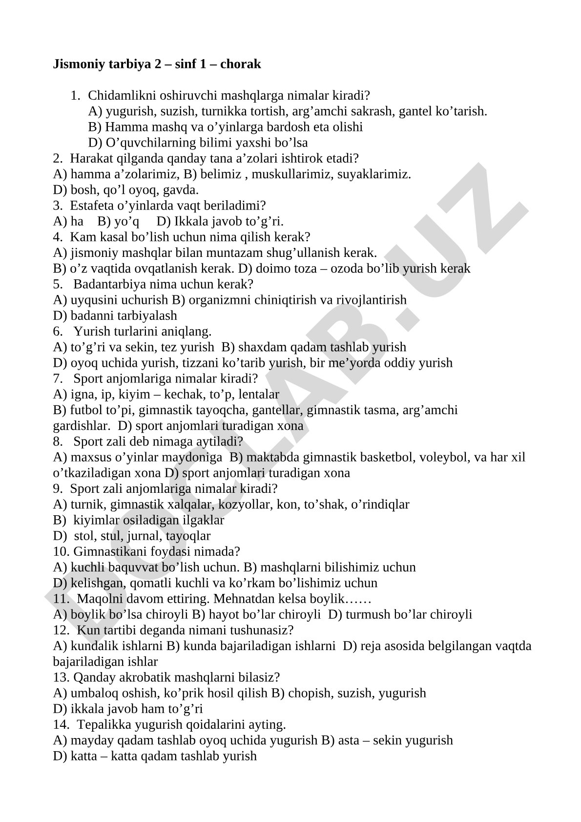 Jismoniy tarbiya 2-sinf 1-chorak test savollari