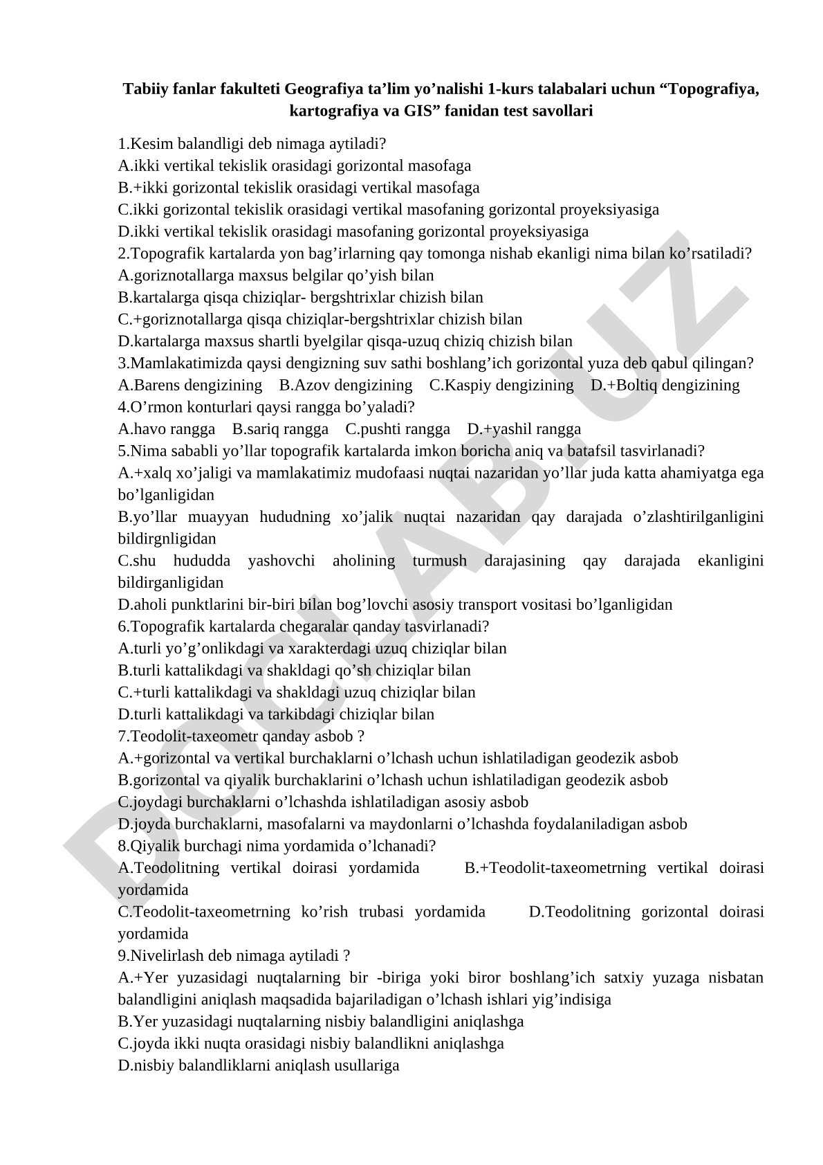 Topografiya, kartografiya va GIS fanidan test savollari