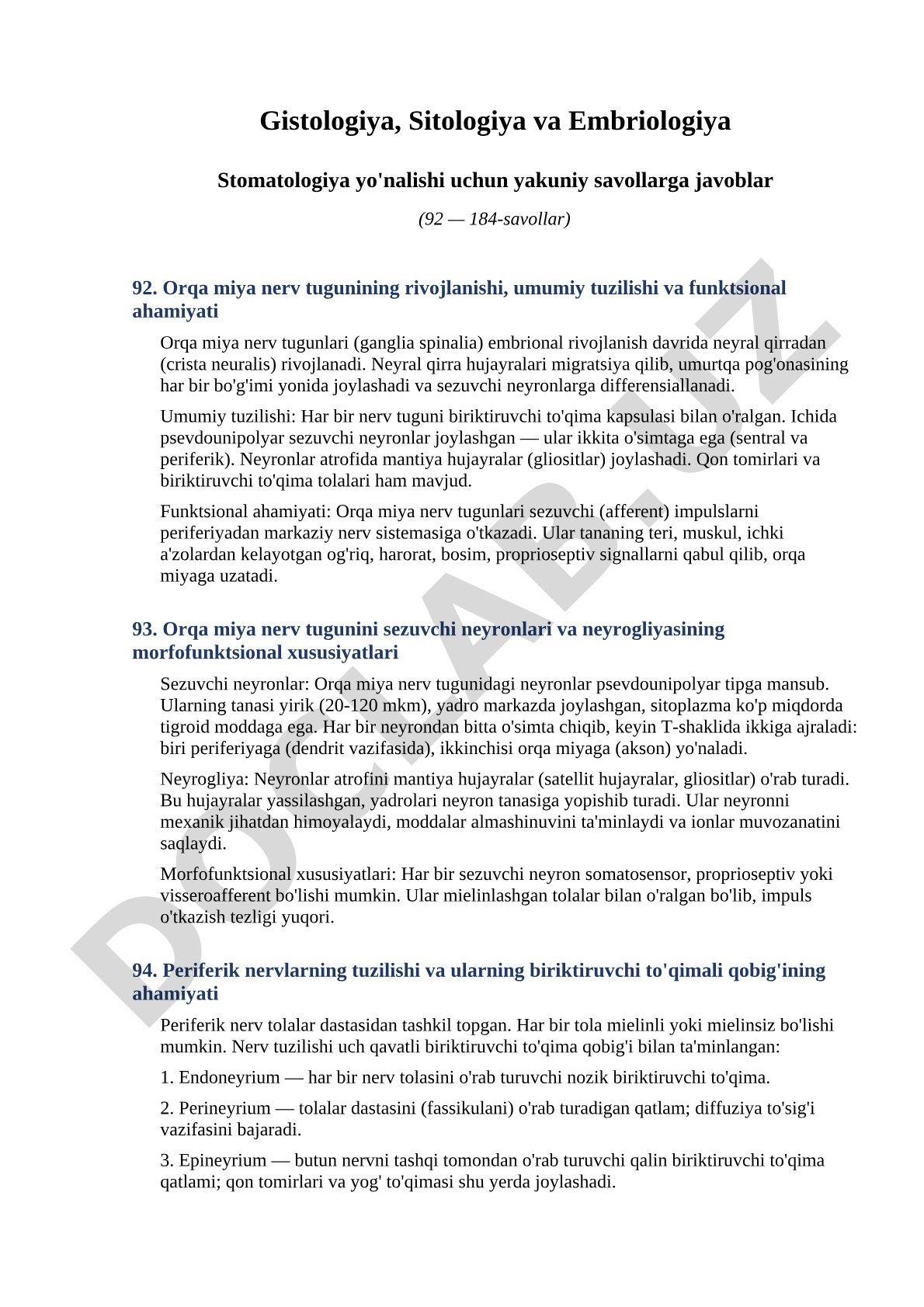 Gistologiya, Sitologiya va Embriologiya Stomatologiya yo'nalishi uchun yakuniy savollarga javoblar