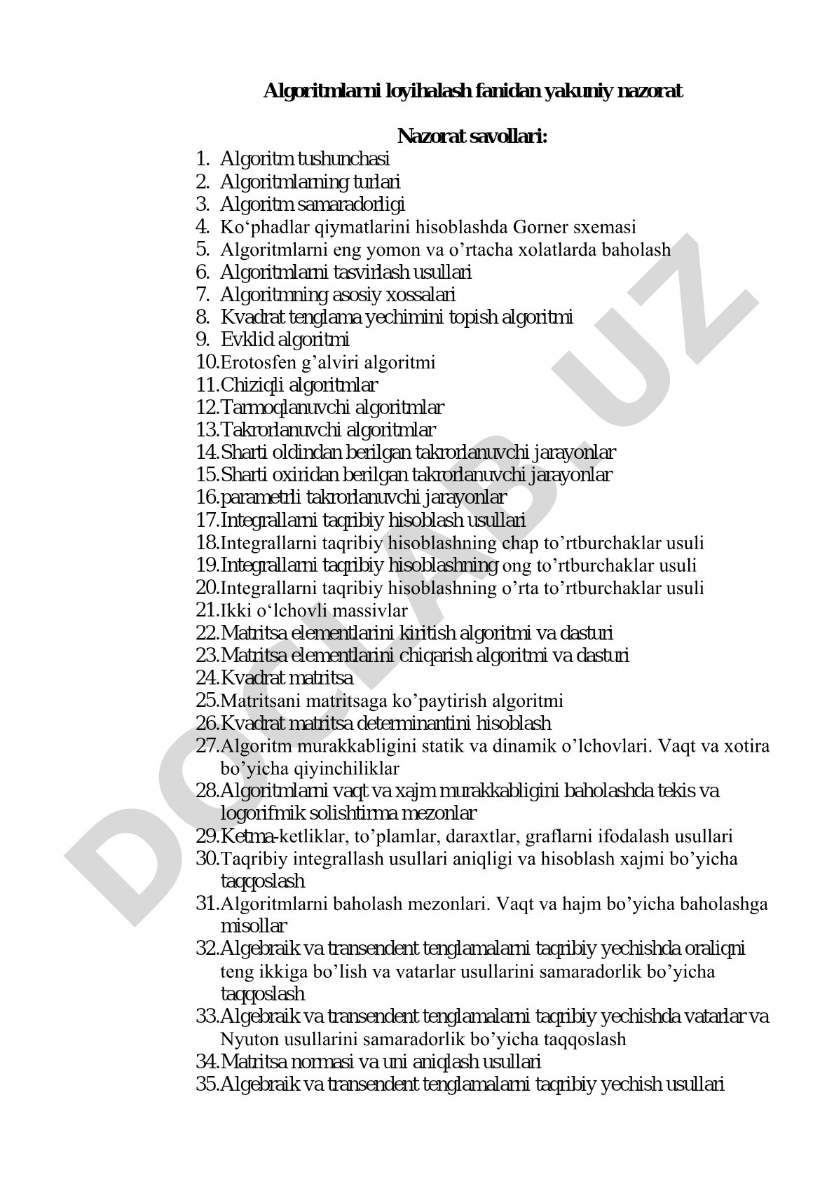 Algoritmlarni loyihalash fanidan yakuniy nazorat savollari