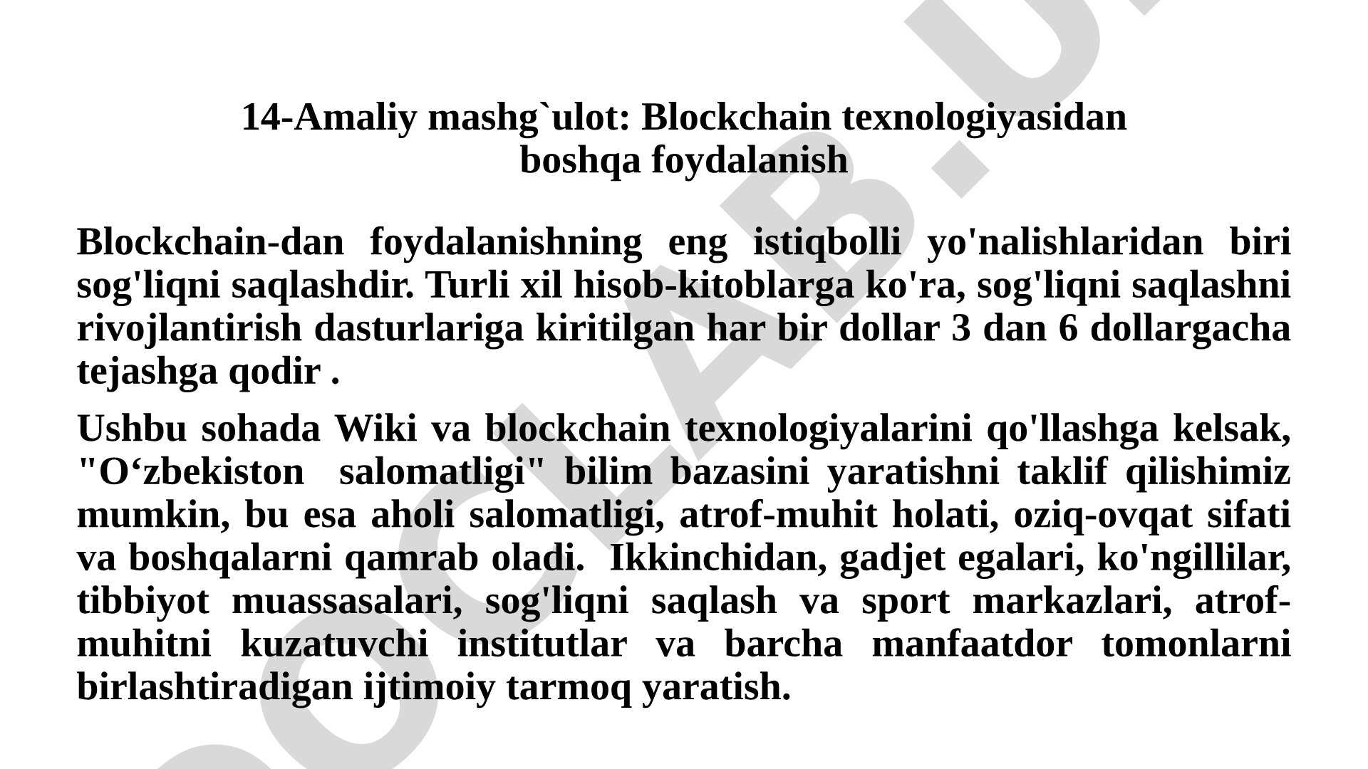 Blockchain texnologiyasining sog'liqni saqlashdagi qo'llanilishi