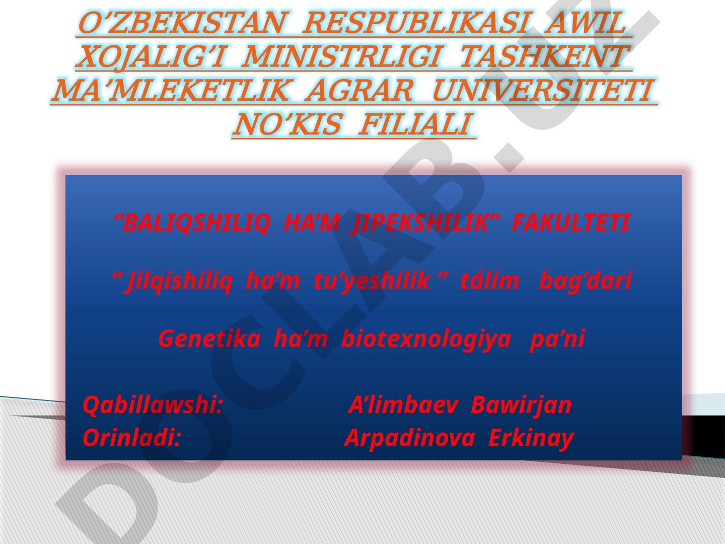 Nuklein kislotalar (DNK, RNK) du'zilisi, genetik kod hamda belok sintezi processleri