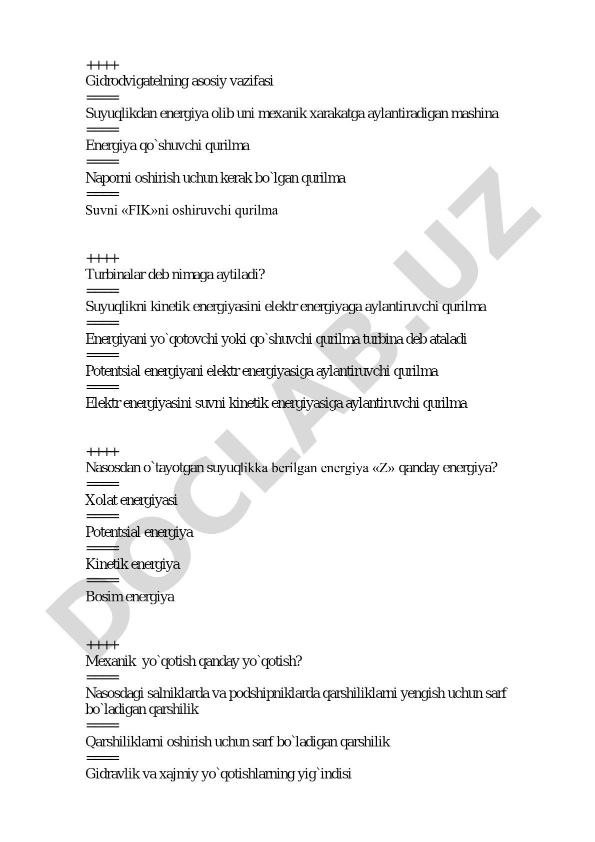 Gidravlik mashinalar va nasoslar test savollari
