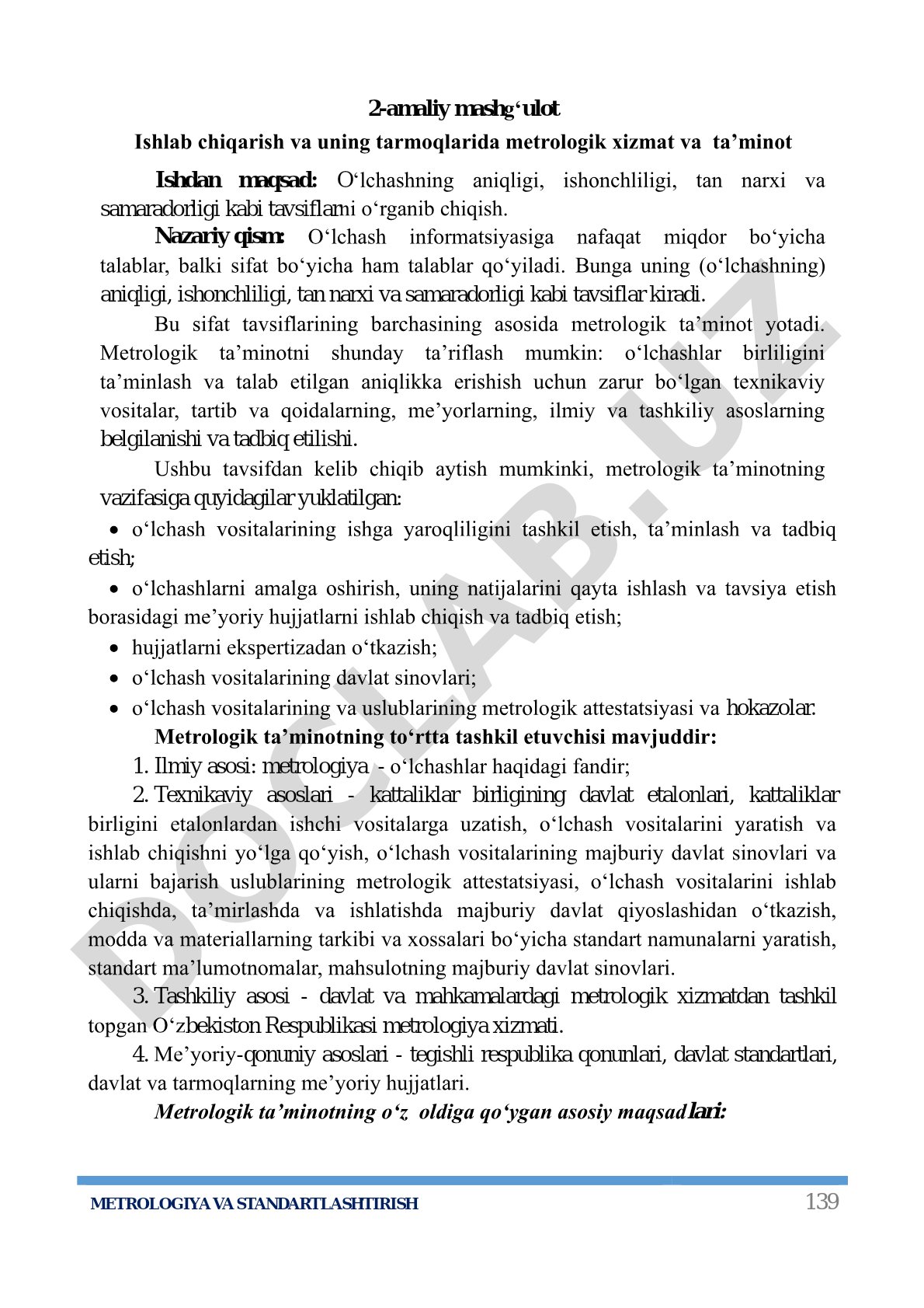 Metrologiya va standartlashtirish - Ishlab chiqarishda metrologik xizmat va ta'minot