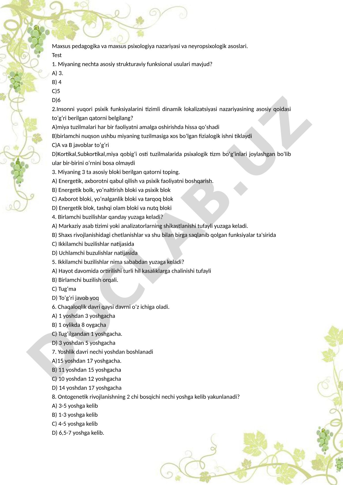Maxsus pedagogika va maxsus psixologiya nazariyasi va neyropsixologik asoslari test