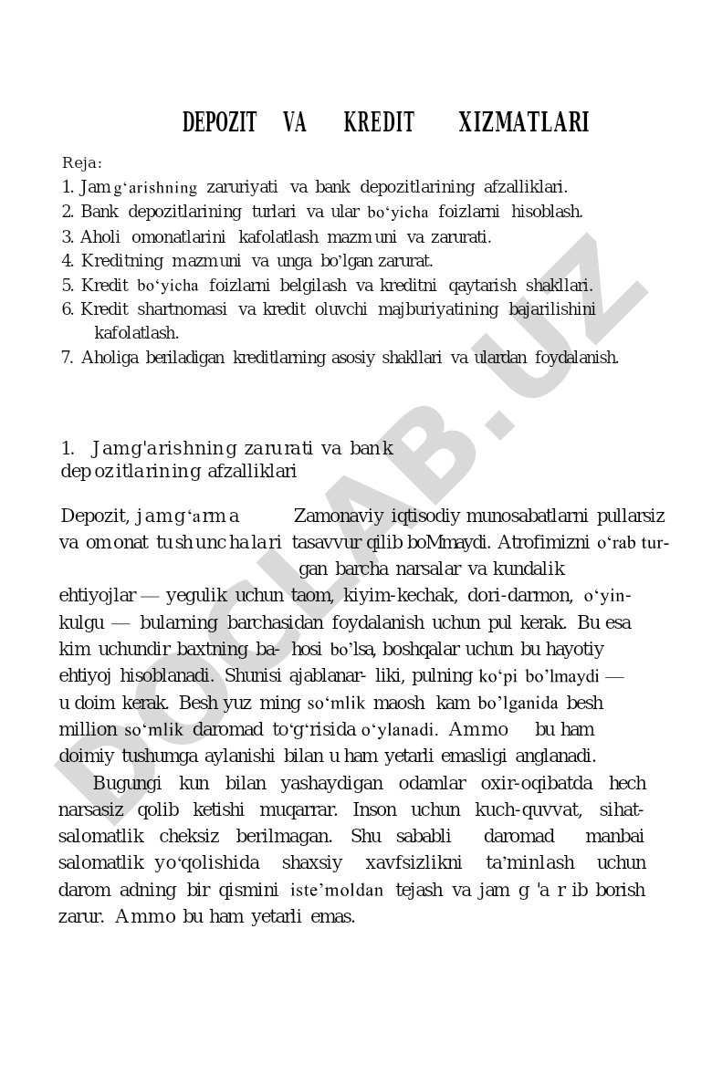 Depozit va kredit xizmatlari