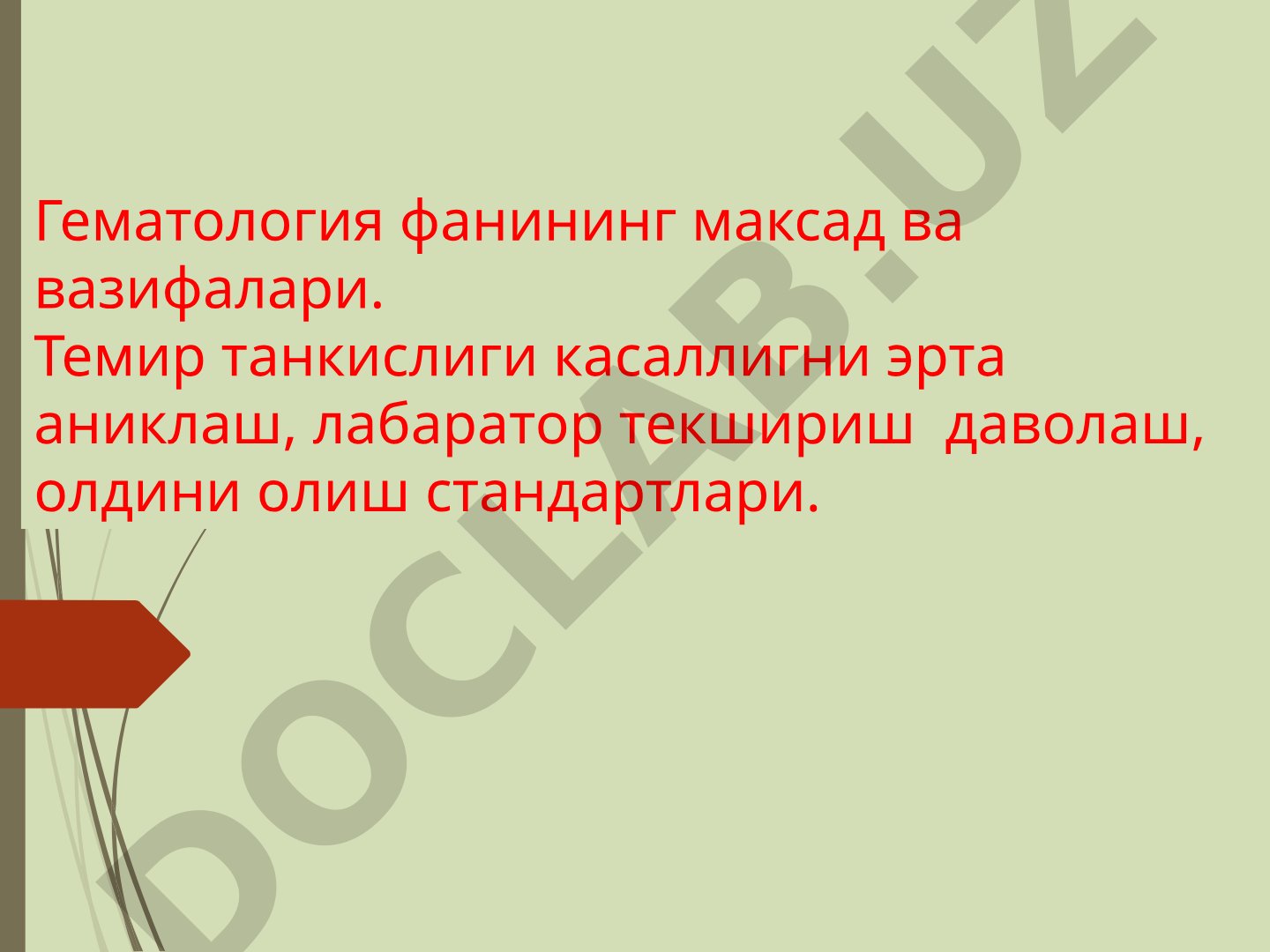 Гематология фанининг максад ва вазифалари. Темир танкислиги касаллигини эрта аниклаш, лаборатор текшириш даволаш, олдини олиш стандартлари