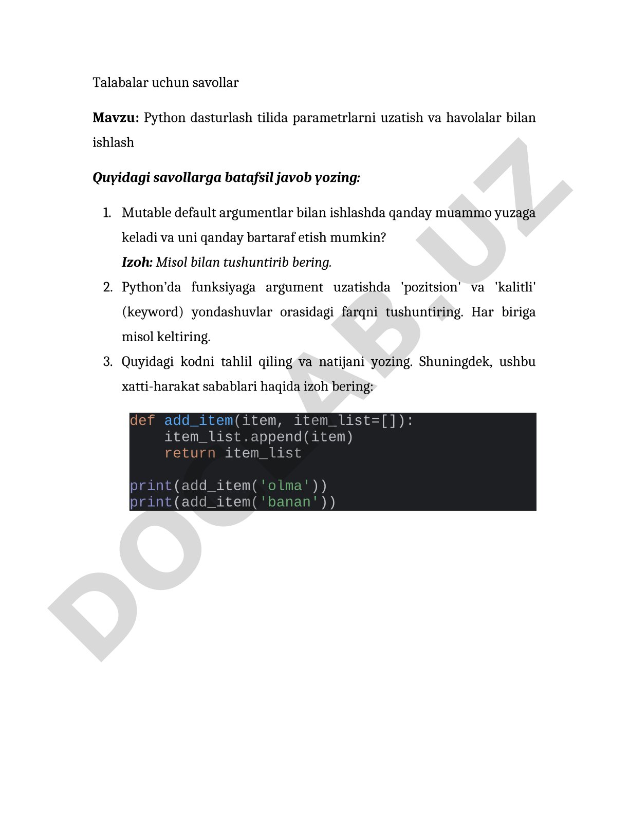 Python dasturlash tilida parametrlarni uzatish va havolalar bilan ishlash