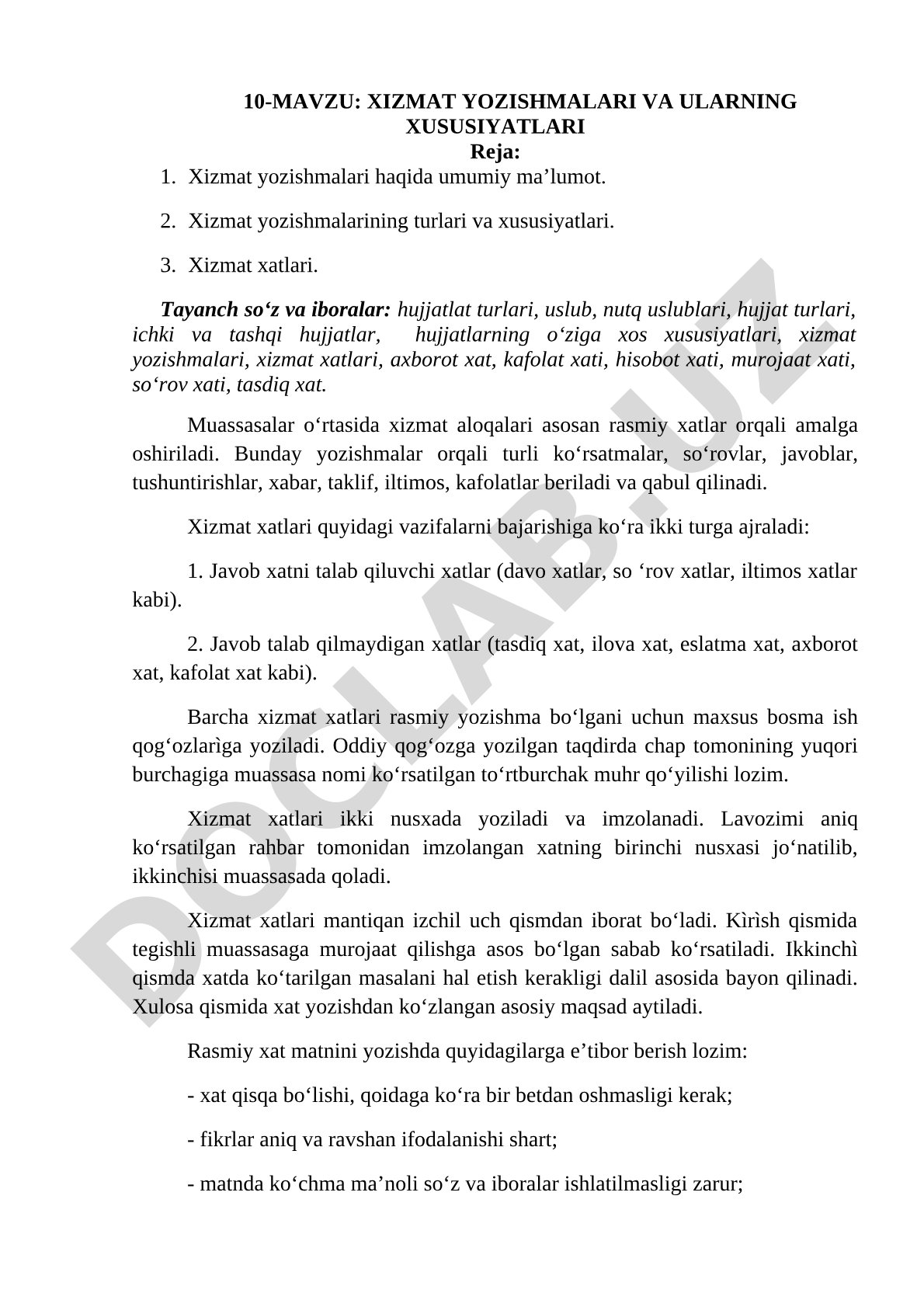 Xizmat yozishmalari va ularning xususiyatlari